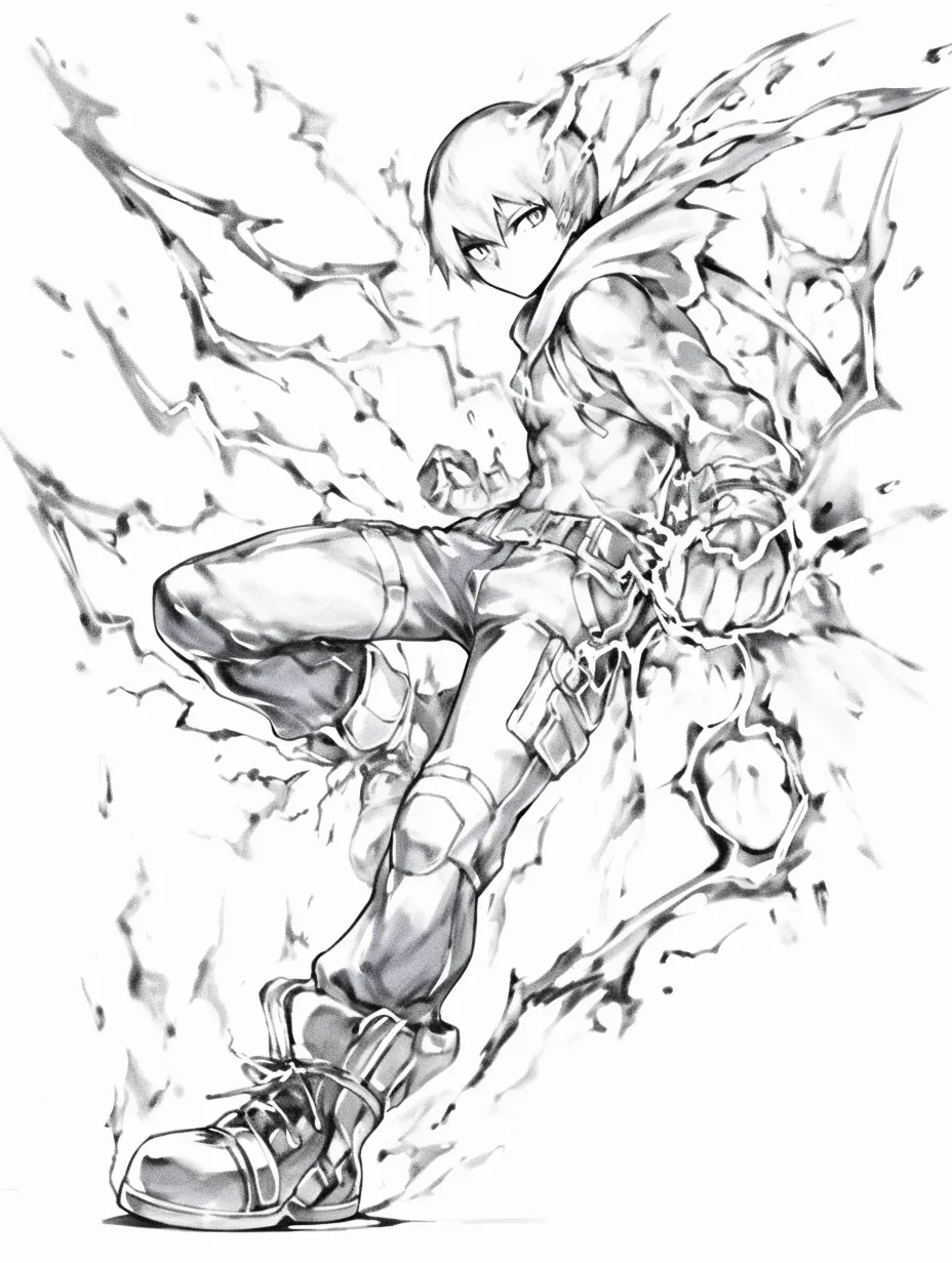 雷エフェクトの疾走者｜【基本構造】片足を踏み込み、拳を握りしめた描き方で前傾の動勢を強く示しています。<br>【演出の方向性】身体を包む稲妻が疾風を象徴し、瞬発的な速度と攻撃性を観る者に伝えています。<br>