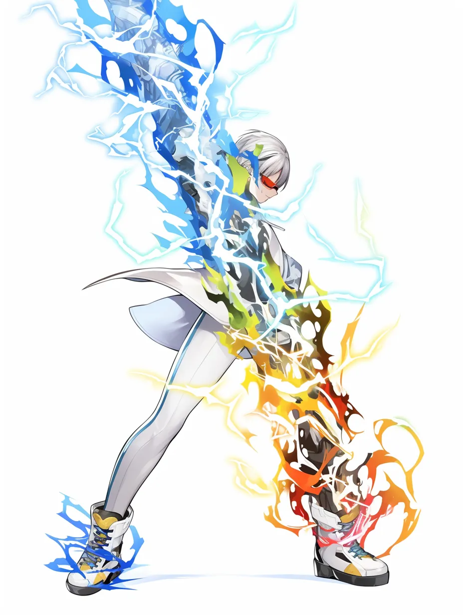雷エフェクトのアーマー戦士｜【基本構造】片腕を大きく振りかざし、全身を稲妻で貫く描き方で迫力ある構図を形成しています。<br>【演出の方向性】多色の雷光が装甲に反射し、近未来的な強靭さと爆発力を視覚的に強調しています。<br>
