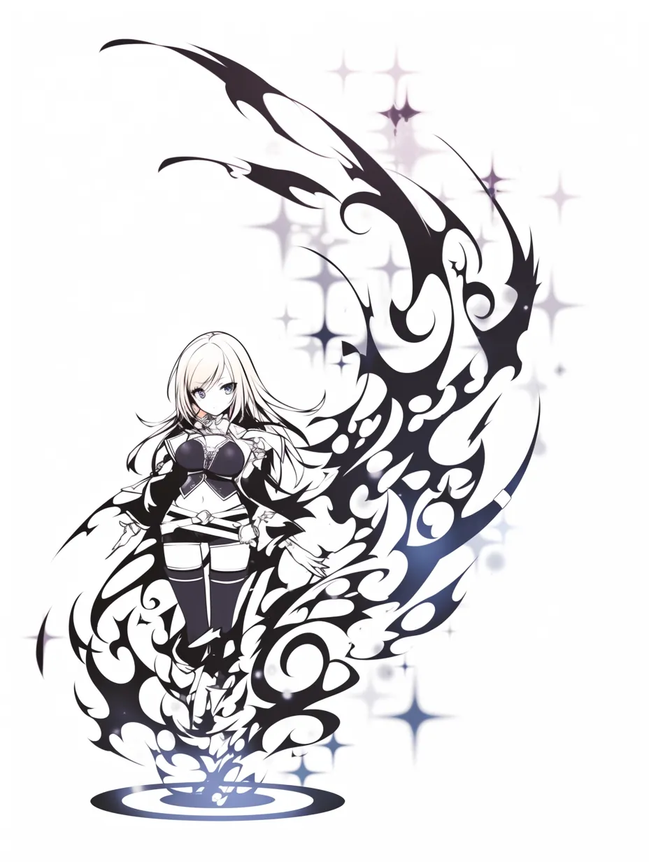 風エフェクトの魔女｜【基本構造】両足を揃えて浮遊するように立ち、髪や衣服を風に流す描き方で、全体を縦に流れる構図にしています。<br>【演出の方向性】黒い渦のような風と光の粒子が対比し、神秘性と妖艶さを強調する演出です。<br>