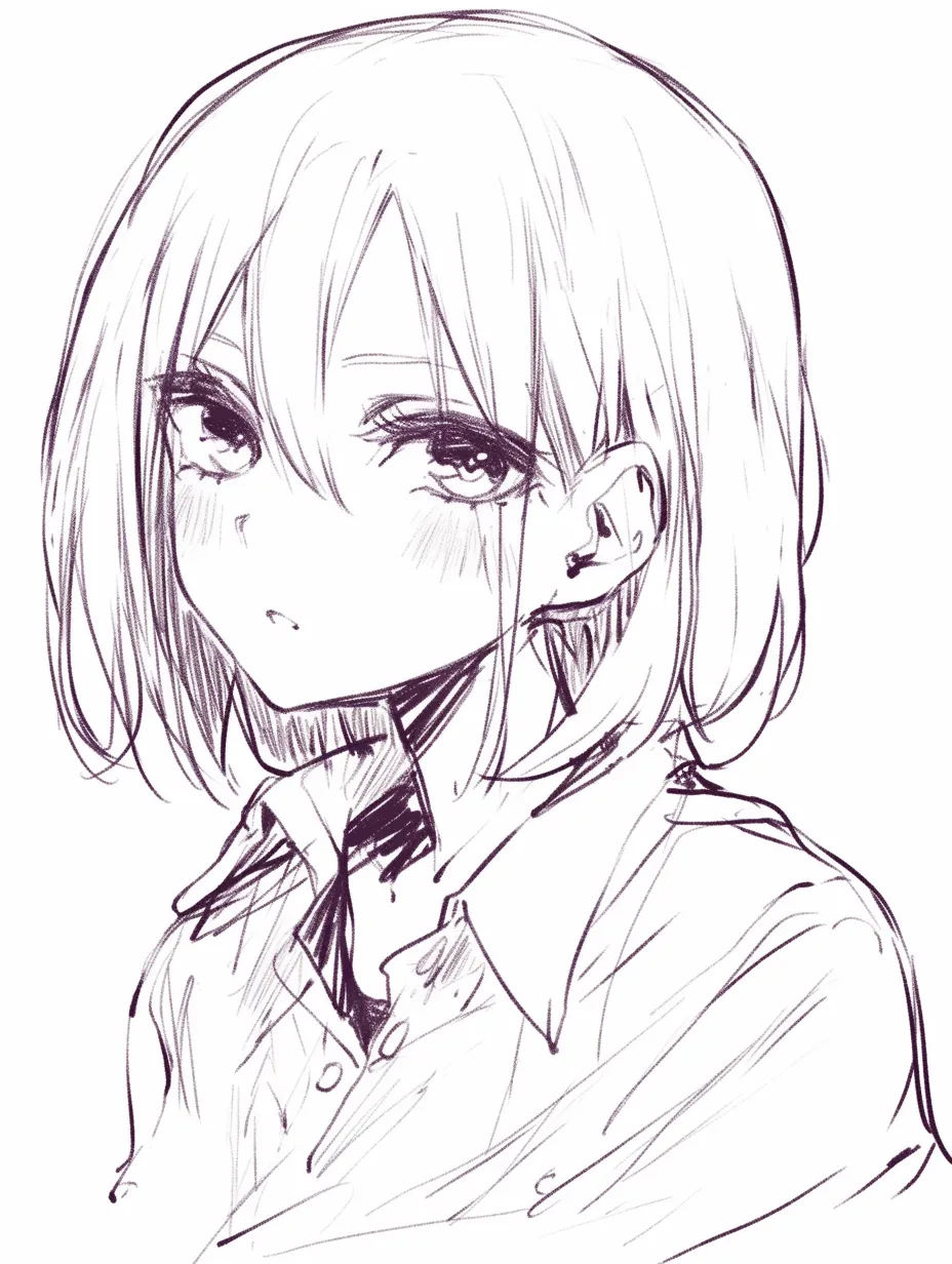 斜め横顔の少女｜【基本構造】肩までの髪を柔らかい線で描き方し、顔の輪郭をやや斜めに傾けて構成しています。瞳は正面寄りに配置し、頬に丸みを出しています。<br>【演出の方向性】伏し目がちな視線とわずかな頬の赤みが、静けさや内面的な憂いを印象づけています。控えめで繊細な存在感を漂わせる表現です。<br>