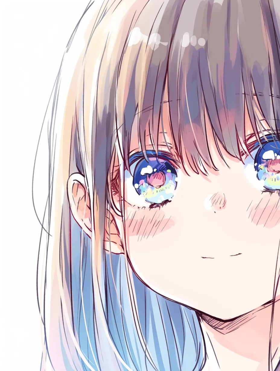 顔ハイライトの鮮やかさ｜【基本構造】髪の毛先や頬に強い色の光を描き方に加え、明暗をはっきり分けています。瞳には青系の光を集中させています。<br>【演出の方向性】鮮やかな光彩が瞳に映り込み、生命力と快活さを与えています。視線が強く輝き、希望を感じさせる演出です。<br>