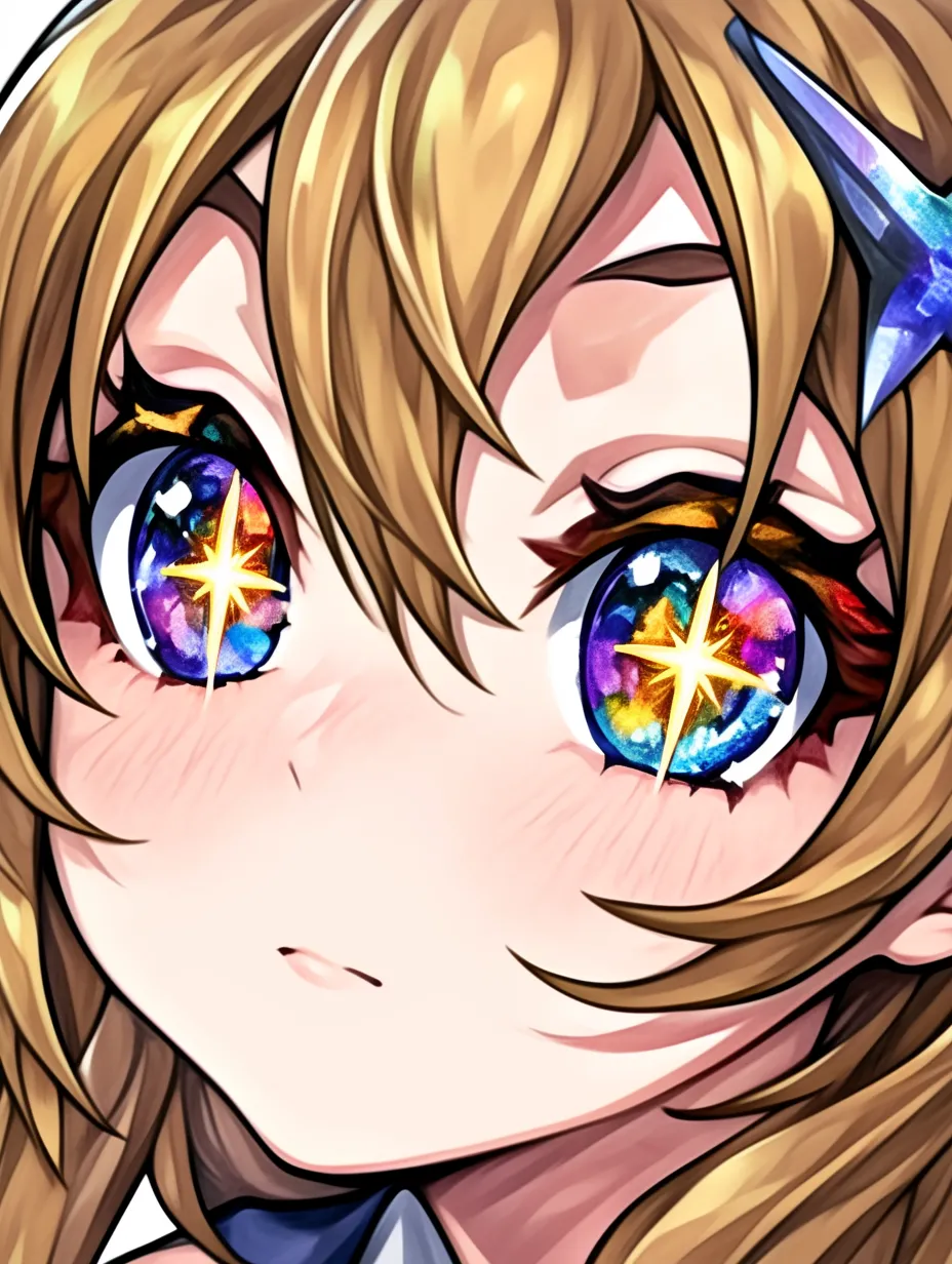 顔ハイライトの星形輝き｜【基本構造】金髪に髪飾りを添え、瞳に星の形を描き方で配置しています。肌や頬はシンプルな光でまとめています。<br>【演出の方向性】強烈な光のモチーフが力強い印象を与え、キャラクター性を際立たせています。エネルギッシュでドラマチックな効果を持ちます。<br>