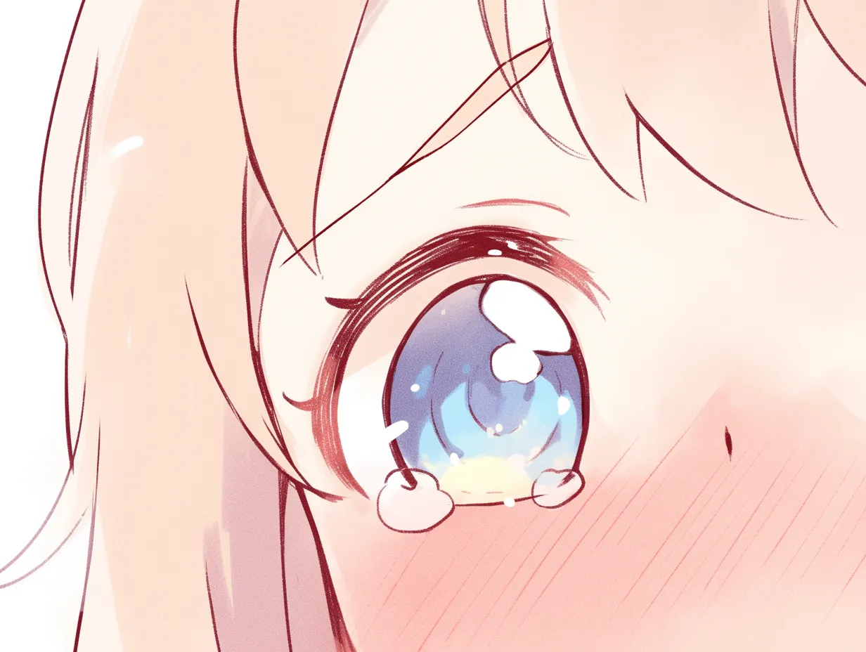 目ハイライトの涙光｜【基本構造】大きめの丸い瞳を描き方で強調し、涙粒をレンズのように配置しています。下まぶたを赤みで縁取り、頬も淡く染めています。<br>【演出の方向性】涙が光を反射することで、儚さや切なさを際立たせています。感情の揺らぎを鮮やかに伝える演出です。<br>