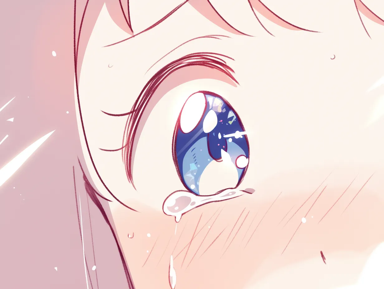 目ハイライトの滴る輝き｜【基本構造】瞳の奥に深い青と白を描き方で重ね、光を断片的に散らしています。涙の筋を頬に沿わせて強調しています。<br>【演出の方向性】滴り落ちる光が激しい感情を象徴し、切迫感や衝撃を強めています。視線の鋭さが緊張感を生んでいます。<br>