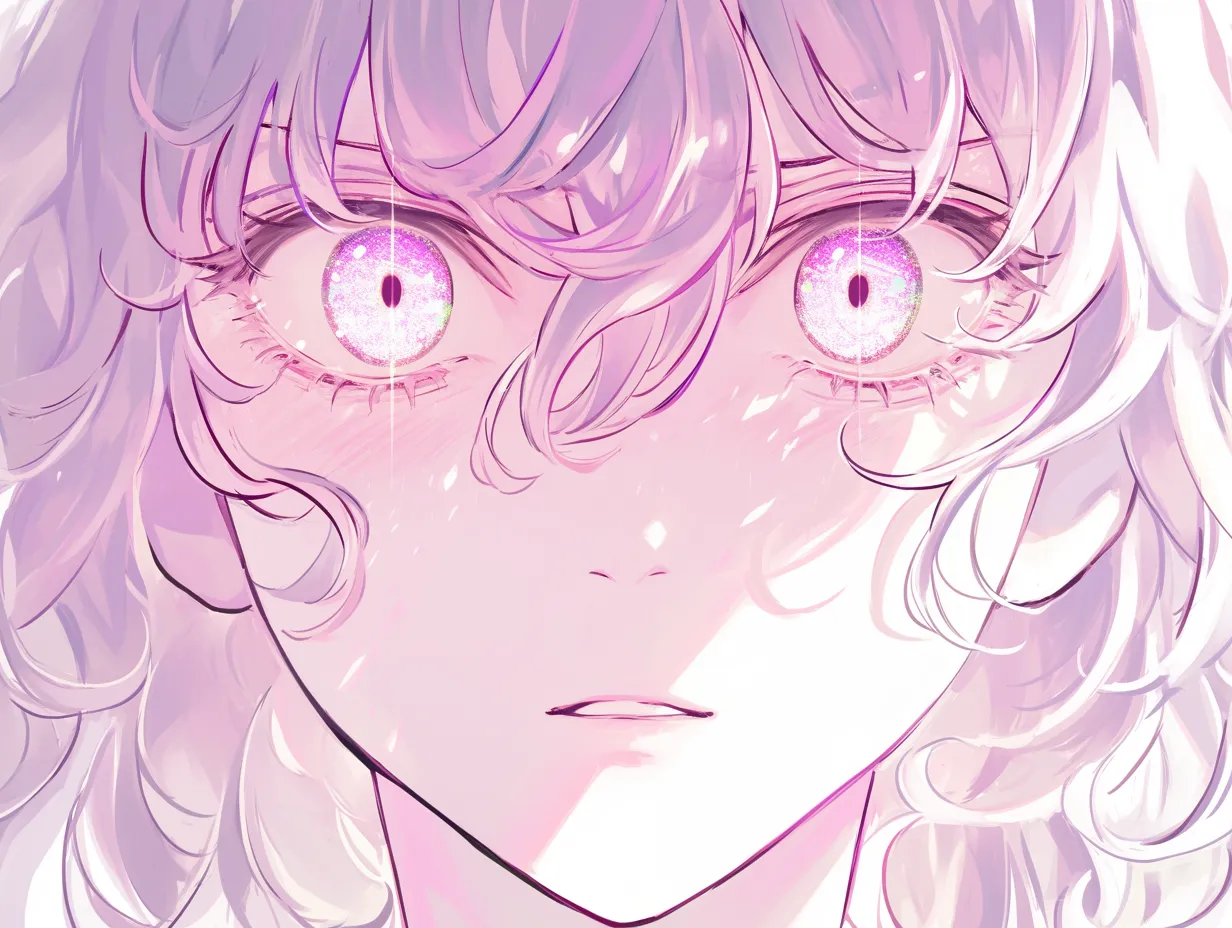 目ハイライトの星屑｜【基本構造】虹色の輝きを瞳全体に描き方として散りばめ、瞳孔の形を強調しています。髪の隙間から光を差し込ませています。<br>【演出の方向性】星屑のような光が非現実感を演出し、幻想的で神秘的な視線を生み出しています。印象に残る力強い演出です。<br>