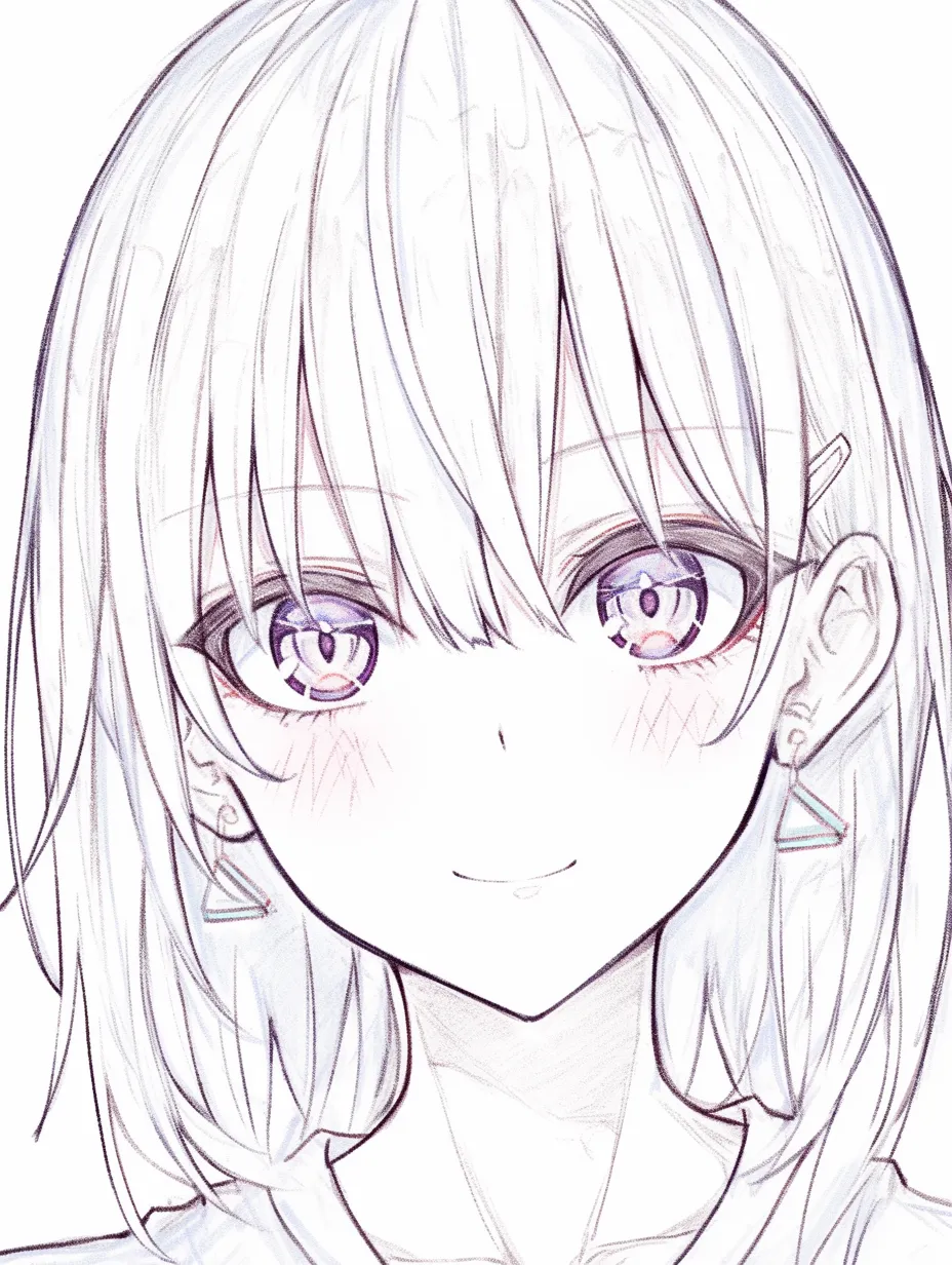 目ハイライトの淡色彩｜【基本構造】薄紫の瞳を描き方に設定し、光を円形に複数配置しています。髪と輪郭は柔らかい線で抑えています。<br>【演出の方向性】控えめな光が瞳に静けさを与え、落ち着いた雰囲気を作ります。穏やかで優しい存在感を強める演出です。<br>