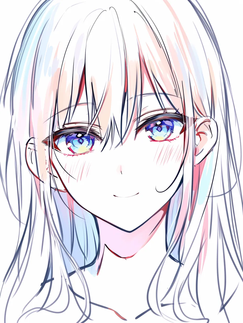 目ハイライトの鮮烈光彩｜【基本構造】青と赤を混ぜた鮮やかな瞳を描き方で配置し、複数の光源を映り込ませています。輪郭はラフな線で補っています。<br>【演出の方向性】強いコントラストが感情の熱量を示し、華やかでエネルギッシュな印象を残します。見る者を引き込む強さがあります。<br>