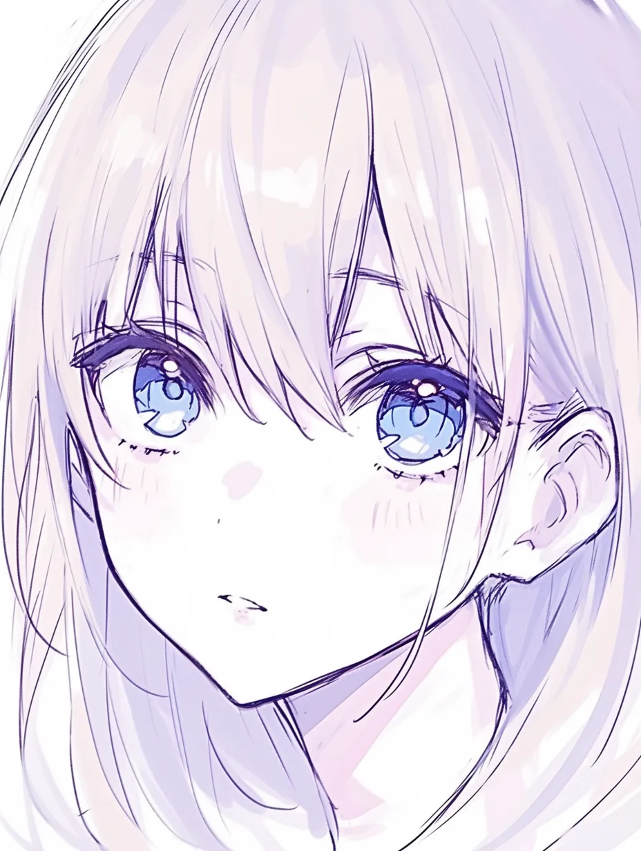 目ハイライトの淡い水色｜【基本構造】青みを帯びた大きな瞳を描き方で配置し、白目と黒目の境界を柔らかく処理しています。光は小さく分散して加えています。<br>【演出の方向性】透明感のある水色が静かな印象を与え、落ち着いた眼差しを演出しています。控えめな光沢が清純さを強調しています。<br>