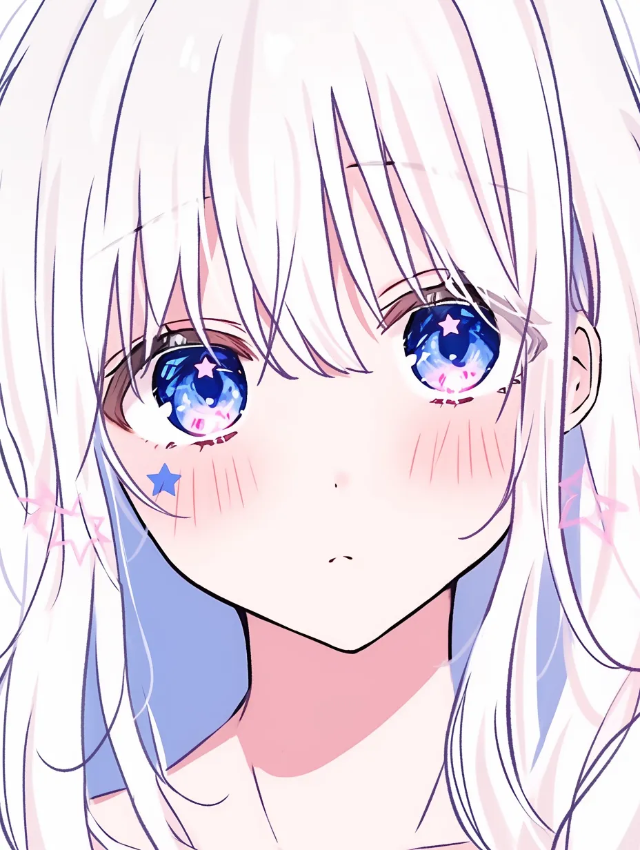 目ハイライトの星モチーフ｜【基本構造】青い瞳の中に星形を描き方で配置し、光源を瞳全体に散らしています。頬や髪にも星を添えて統一感を出しています。<br>【演出の方向性】星のきらめきが夢見心地な雰囲気を作り出し、ファンタジックで可愛らしい印象を強調しています。華やかな存在感を放ちます。<br>