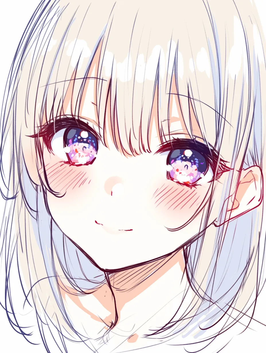目ハイライトの優しい輝き｜【基本構造】瞳の中心に淡いピンクを描き方で差し込み、虹彩に光を散らしています。柔らかい髪の線で全体を包んでいます。<br>【演出の方向性】優しい輝きが微笑みと調和し、安心感を漂わせています。愛らしさと温もりを強める演出です。<br>