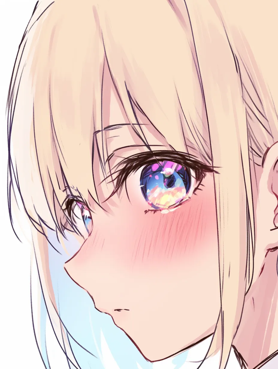 目ハイライトの横顔映り込み｜【基本構造】横顔の瞳を大きく描き方で配置し、虹色の光を斜めに差し込ませています。頬の赤みを強調し、まつ毛は繊細に描いています。<br>【演出の方向性】横顔に反射する光が情緒を増し、内面的な揺らぎを示唆しています。柔らかい光沢が感傷的な雰囲気を作っています。<br>