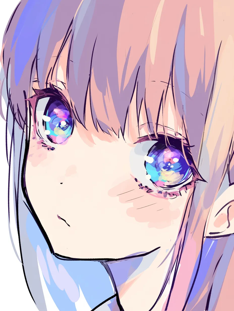 顔の影の少女A｜【基本構造】柔らかな斜め角度で顔を描き方に整え、瞳の奥に光を散りばめつつ頬に淡い影を置き、立体感を自然に浮かび上がらせています。<br>【演出の方向性】目の煌めきを強調する一方で影を薄めに抑え、幻想的で儚い印象を演出しています。視線の揺らぎが静かな余韻を与えます。<br>