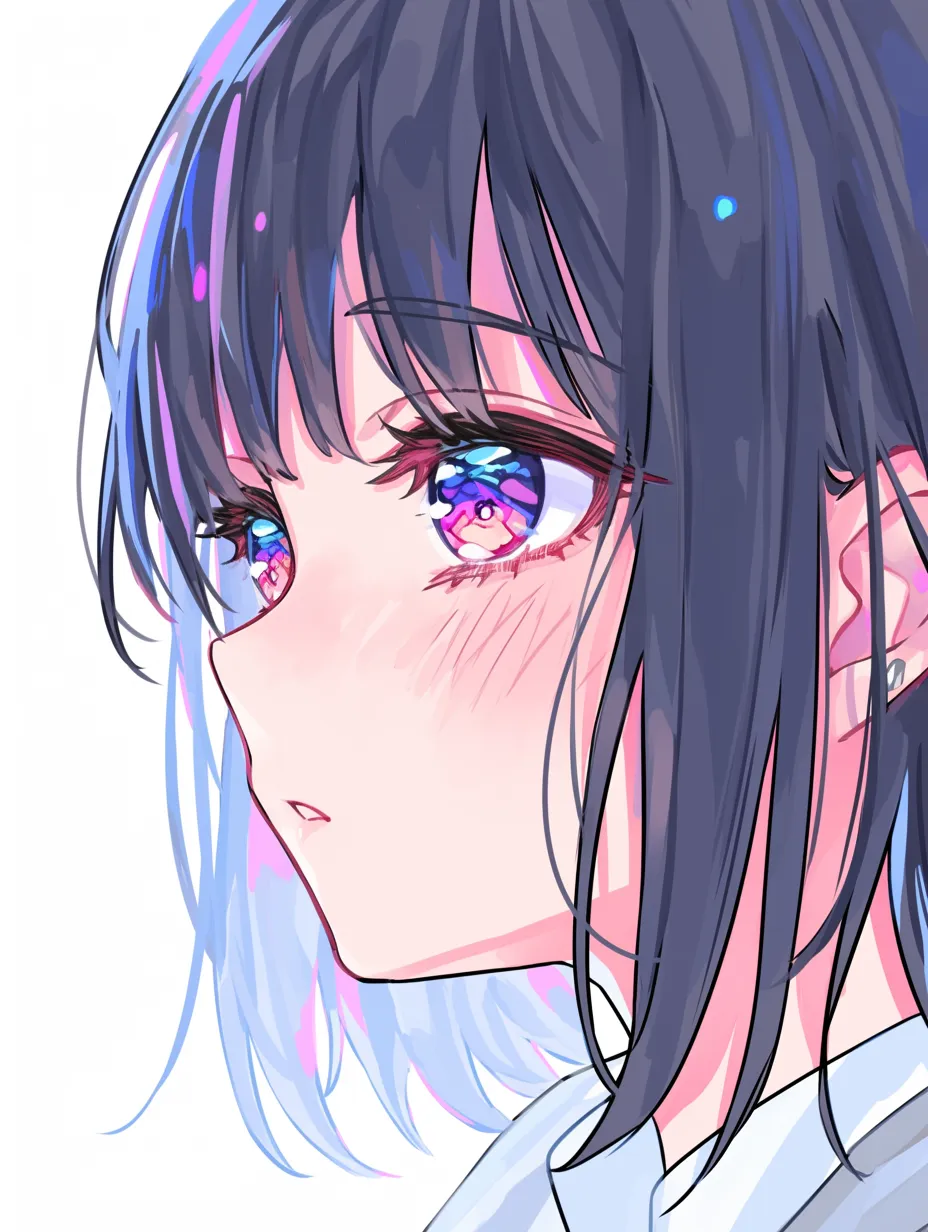 顔の影の少女B｜【基本構造】横顔の構図で、輪郭をシャープに描き方として整理し、髪の流れに影を溶け込ませて立体感を強調しています。<br>【演出の方向性】目元に鮮やかな光を差し込み、頬の赤みと影のコントラストで感情の高ぶりを表現し、切なさを含んだ余韻を漂わせています。<br>