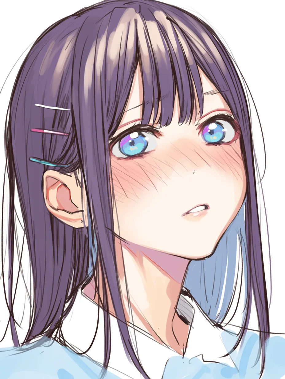 顔の影の少女C｜【基本構造】正面寄りの上向き角度で描き方を組み、頬や首筋にしっかりと影を配置して顔の凹凸を際立たせています。<br>【演出の方向性】明るい瞳の彩度と影の強さの対比が印象的で、驚きや戸惑いを抱えた瞬間の雰囲気を表現しています。<br>