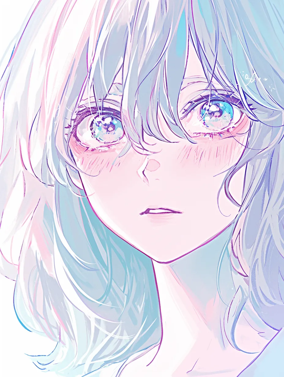 顔の影の少女D｜【基本構造】正面からの安定した骨格を描き方に反映し、髪の隙間から目元へ落ちる影で深みを加えています。<br>【演出の方向性】透明感のある光彩と影の対比で幻想的な印象を生み、儚げで夢見るような雰囲気を演出しています。<br>