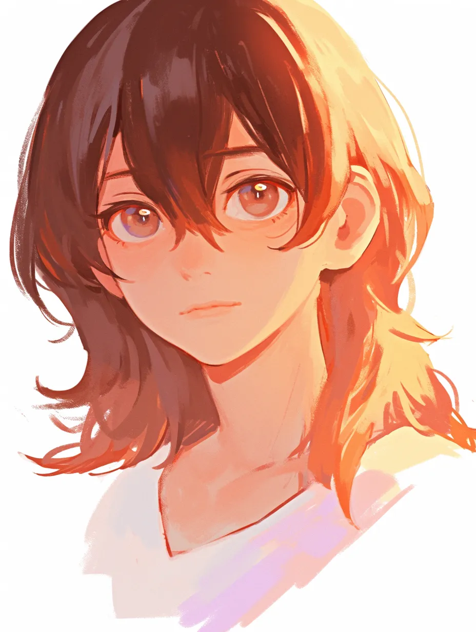 顔の影の少女F｜【基本構造】顔の半分を逆光気味に描き方で整え、髪と輪郭の境界に光と影のグラデーションを強く反映しています。<br>【演出の方向性】オレンジ色の影が暖かさを与えつつも、沈んだ瞳が感情を抑え込んだ印象を引き立てています。<br>