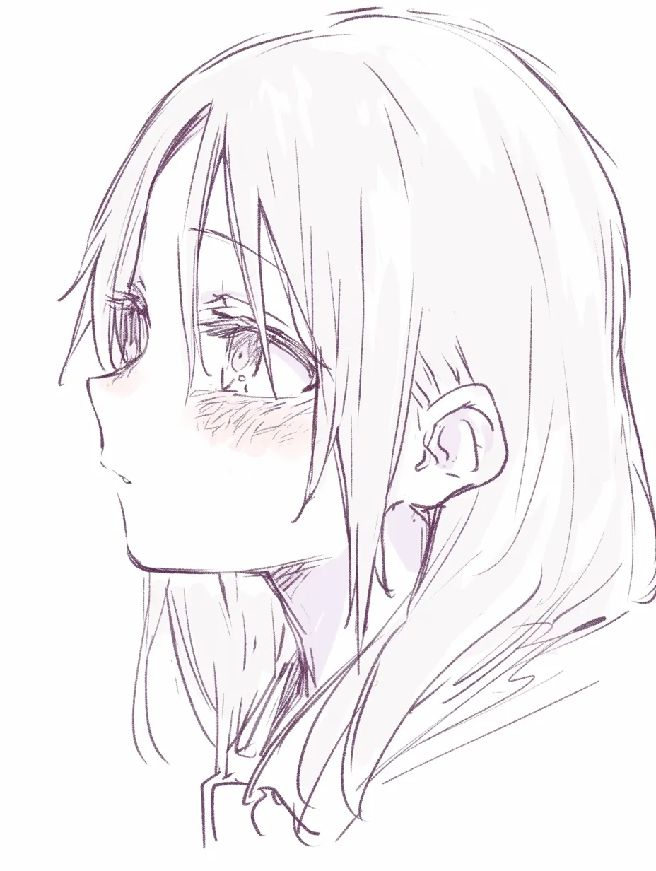 顔の影の少女G｜【基本構造】ラフな線を用いた横顔の描き方で、輪郭に沿って頬と顎に柔らかな影を落としています。<br>【演出の方向性】シンプルな影表現が素朴さを強調し、静けさや淡い切なさを表現しています。目元の赤みが微妙な感情をにじませています。<br>