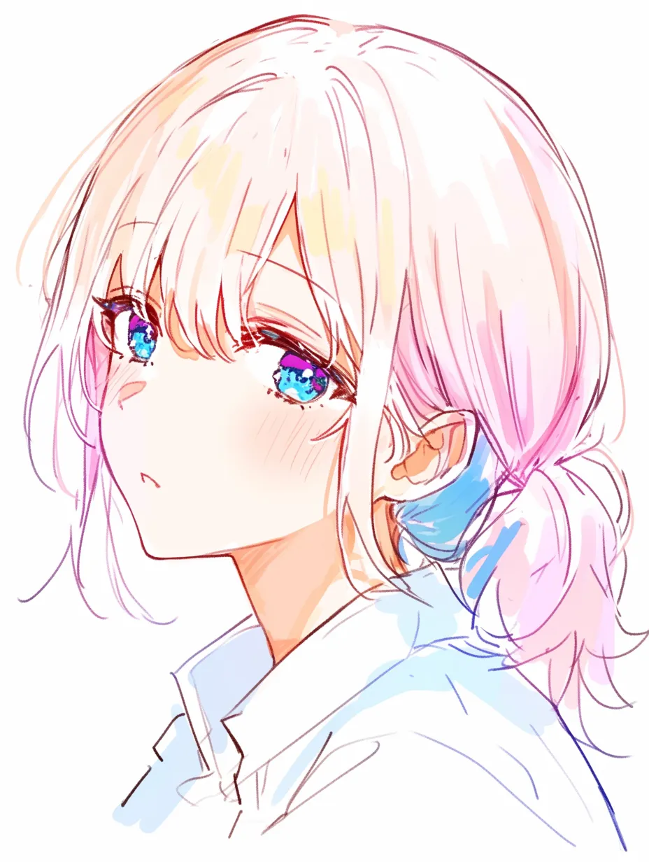 女の肌の少女A｜【基本構造】髪を後ろで束ね、横顔をやや俯かせる描き方で、首筋と頬の陰影を淡く入れて肌の柔らかさを表現しています。<br>【演出の方向性】透き通る肌色に淡い赤みを差し込み、無垢さと透明感を際立たせています。静かな視線が涼やかな印象を与えます。<br>