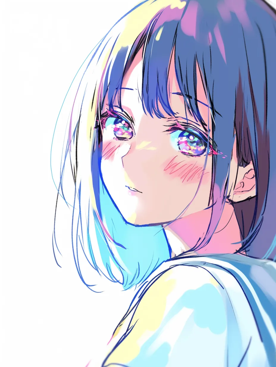 女の肌の少女C｜【基本構造】振り返り気味のポーズを描き方に取り入れ、光の強弱を肌に大胆に落とし込んで立体感を強調しています。<br>【演出の方向性】鮮やかな色彩が肌へ反射し、幻想的で夢見るような空気を演出しています。赤みが混じる頬が可憐な印象を残します。<br>