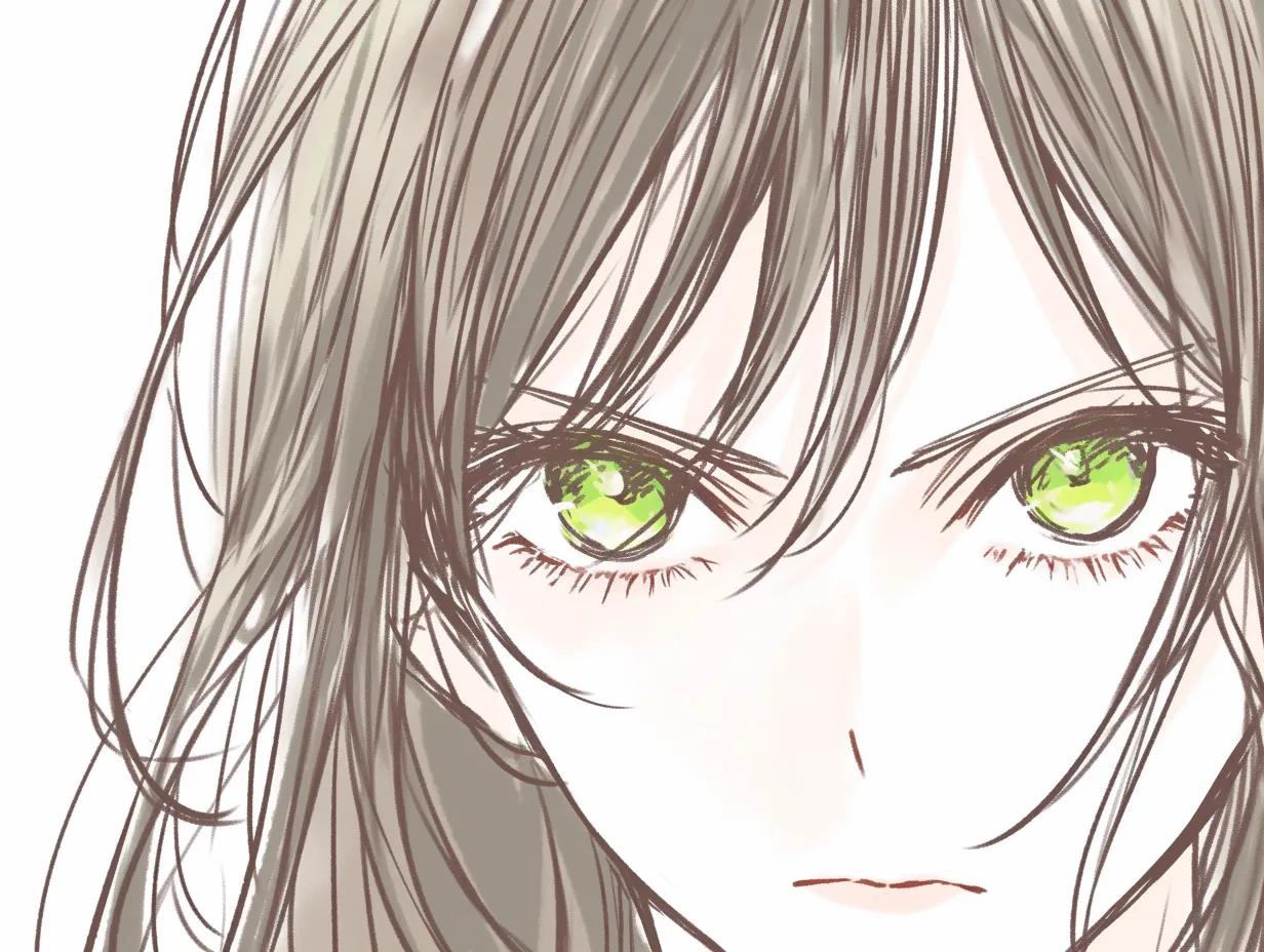 女の肌の少女D｜【基本構造】アップの顔を正面から描き方として捉え、鋭い視線と輪郭のシャープさで肌の白さを引き立てています。<br>【演出の方向性】影を最小限に抑えた肌の描写が緊張感を漂わせ、強い瞳の色が冷たい印象を強めています。<br>