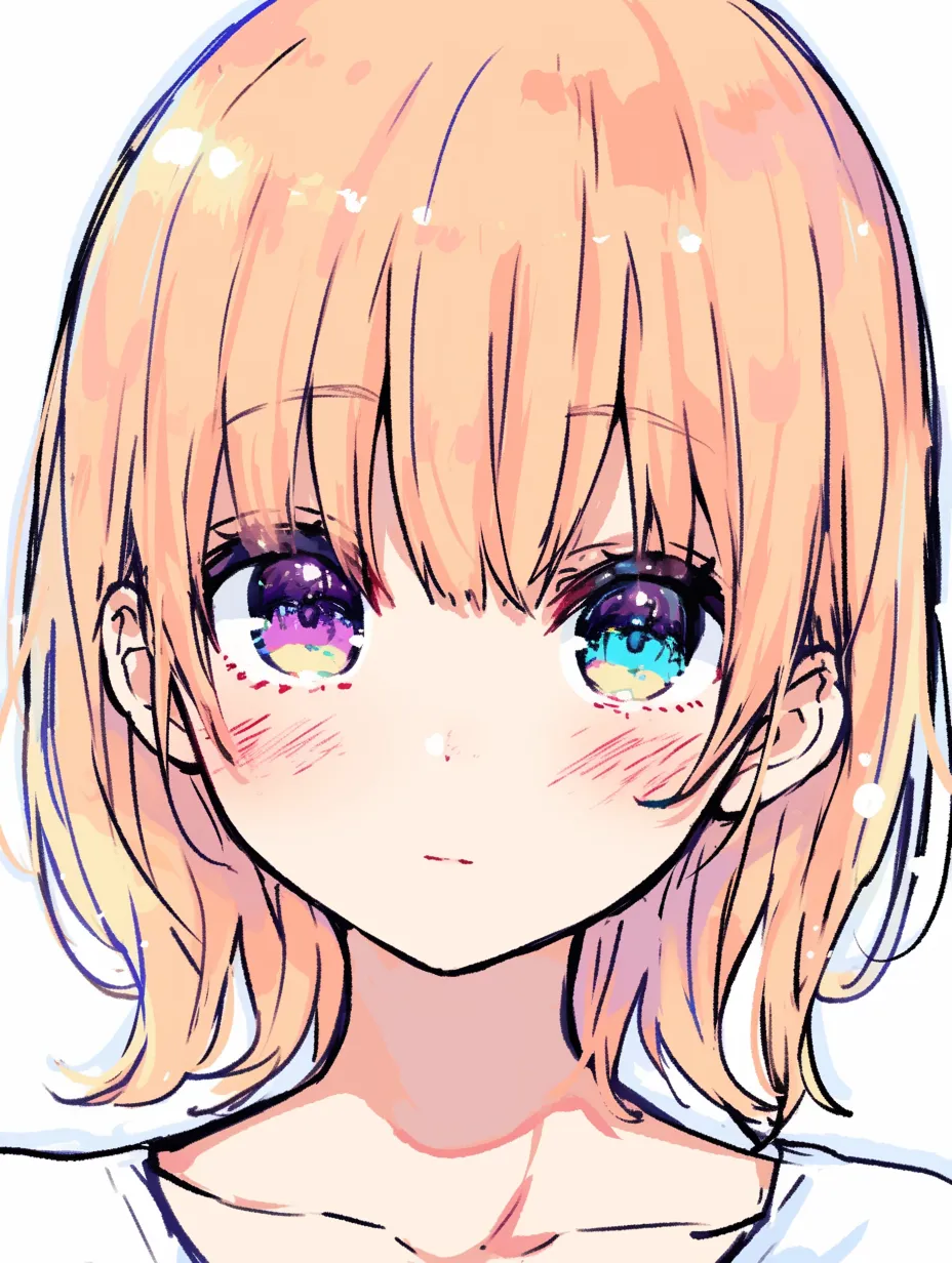 女の肌の少女F｜【基本構造】中央正面からの安定した構図を描き方に取り入れ、頬の赤みと滑らかな線で肌の質感を強調しています。<br>【演出の方向性】左右異なる瞳色と頬の赤みが調和し、あどけなさと個性が同居する印象を作り出しています。<br>