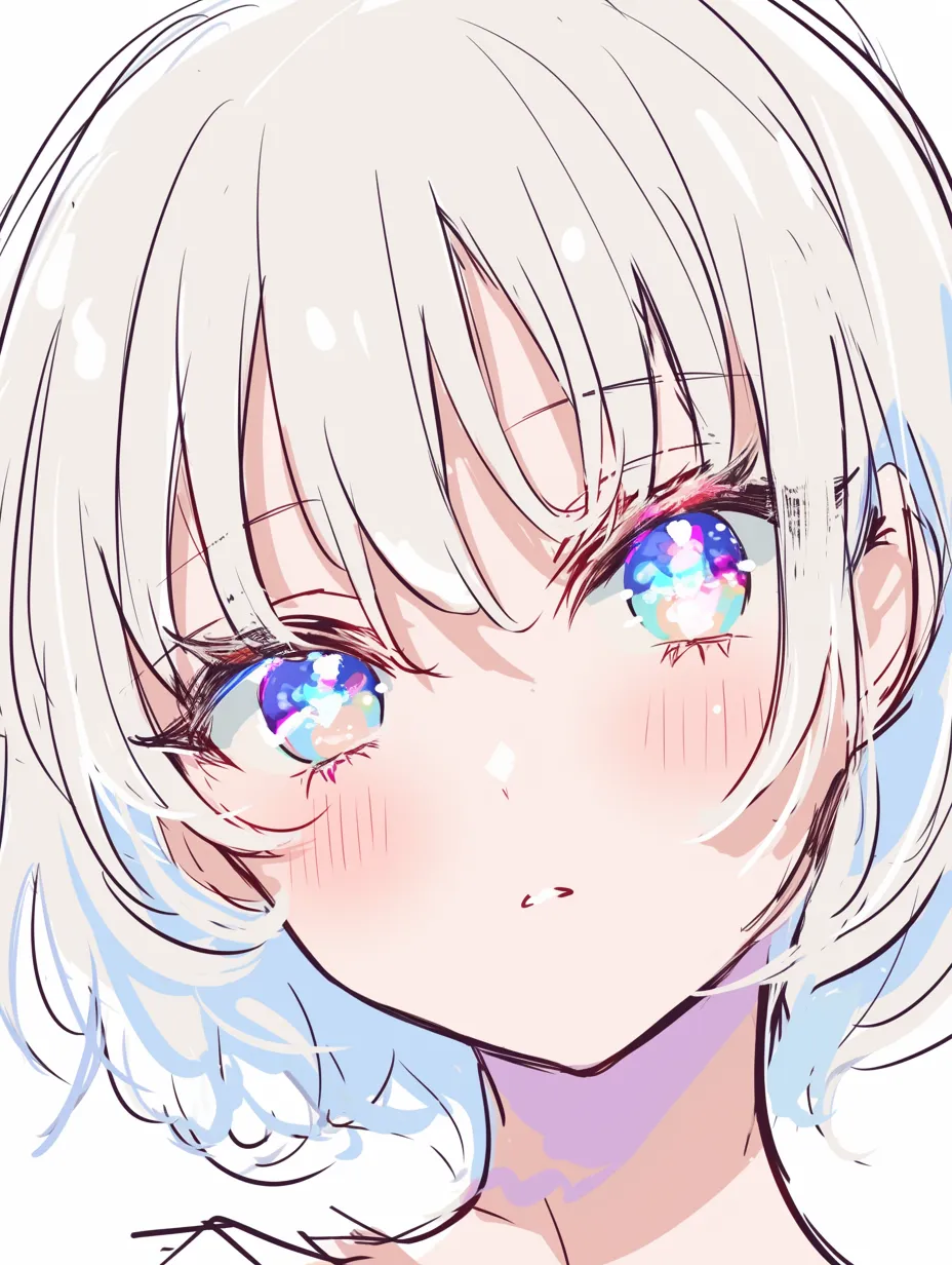 顔の塗り方A｜【基本構造】白髪の短髪を柔らかく描き方でまとめ、肌は淡い赤みと首元の紫影で立体感を示しています。<br>【演出の方向性】大きな瞳に鮮やかな色を添えつつ、肌の簡潔な塗りで無垢さと透明感を引き立てています。<br>