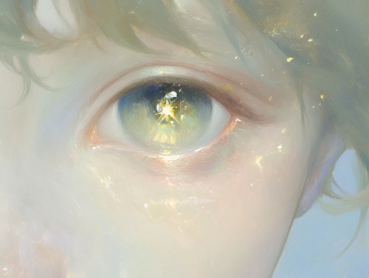 涙袋の光の奥行き｜【基本構造】淡い色合いの瞳に星状の光を描き込み、涙袋を厚みのある影と光で表現しています。周囲の髪や肌も柔らかく調整されています。<br>【演出の方向性】ゴールドやブルーの光が涙袋に反射し、奥行きのある表情を演出。繊細で不思議な感覚を漂わせ、詩的な印象に仕上がっています。<br>