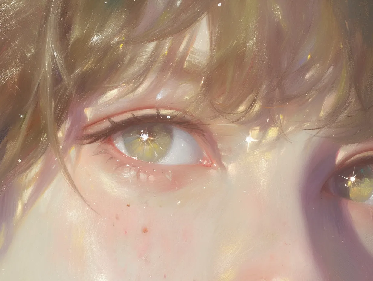 涙袋の自然な表情｜【基本構造】やや俯き加減の瞳を描き方で整理し、涙袋に柔らかな膨らみを加えています。皮膚の凹凸や光も細やかに描写されています。<br>【演出の方向性】光が柔らかく散り、涙袋の存在感を自然に強調。温かみや人間味を感じさせ、親しみやすい雰囲気を演出しています。<br>