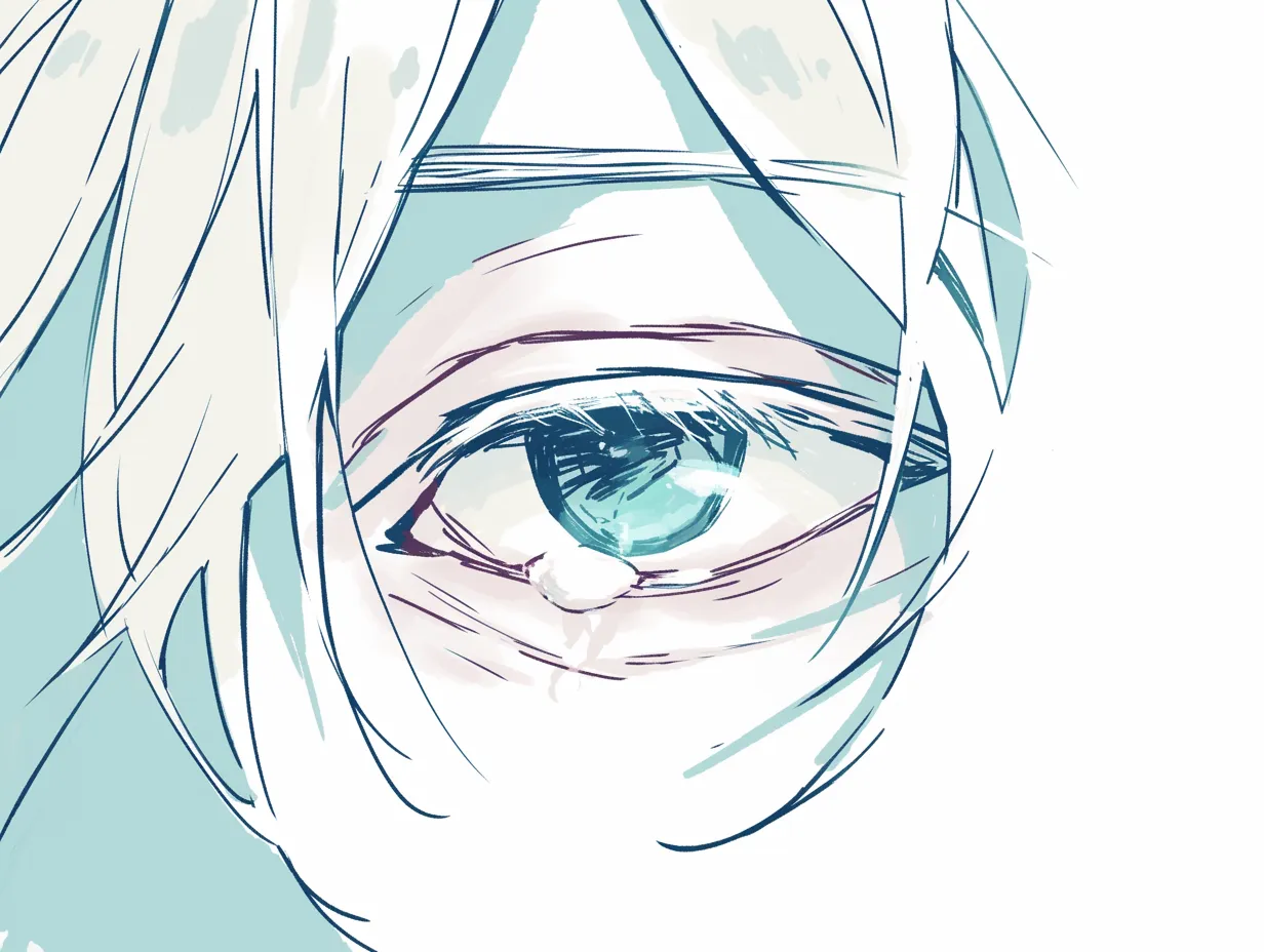 涙袋の淡色ラフ表現｜【基本構造】瞳を淡い色で描き方として仕上げ、涙袋を緩やかな影と線で簡略化しています。髪や輪郭線も粗く描写されています。<br>【演出の方向性】涙袋が控えめながらも影で存在感を示し、全体に儚い雰囲気を演出。ラフで即興的なタッチが、哀愁を漂わせています。<br>
