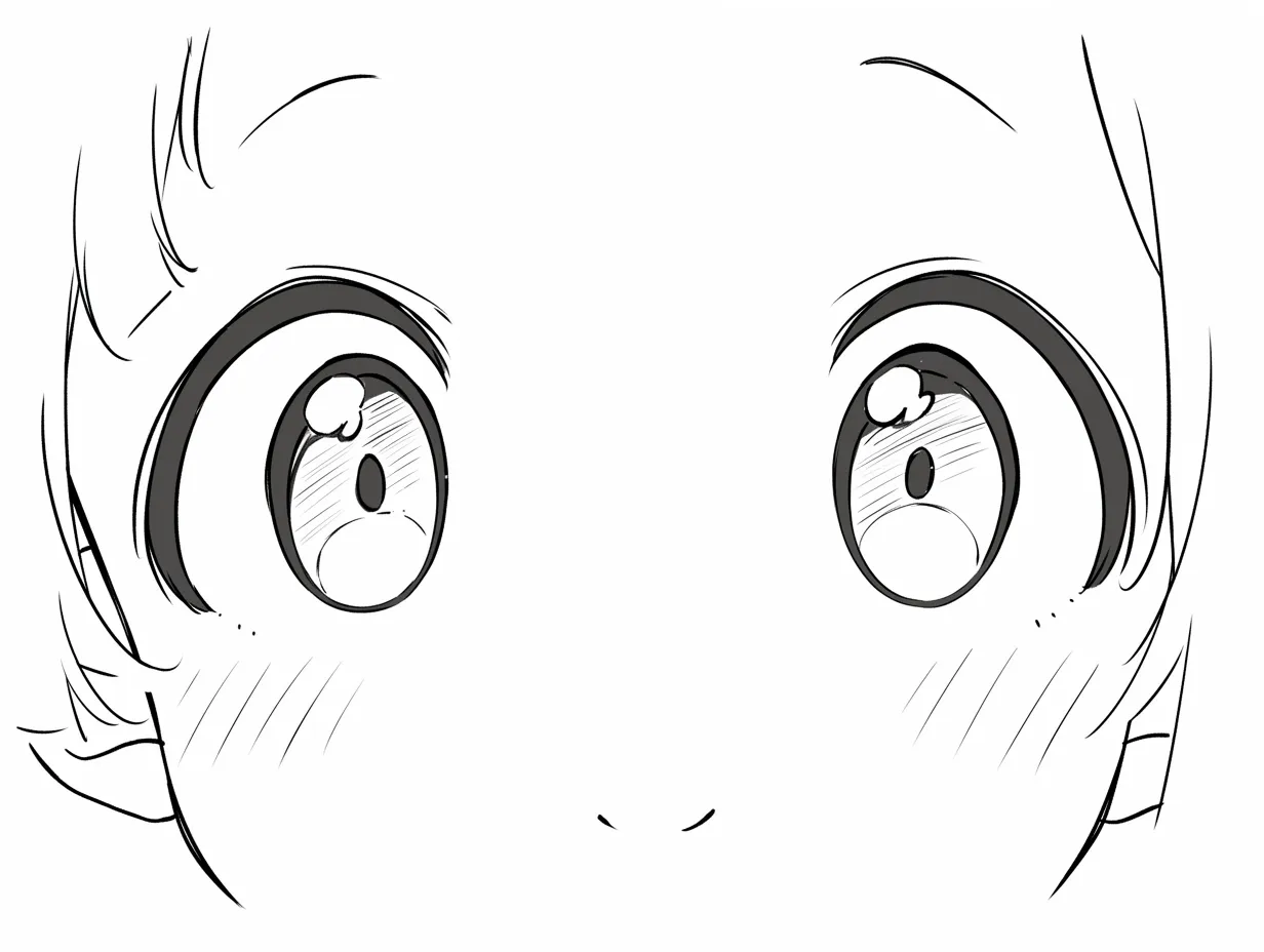ミニキャラの白黒瞳｜【基本構造】モノクロ線画による描き方で、丸く広がった瞳と太めのまつ毛ラインを強調し、シンプルながらも力強い目元を表しています。<br>【演出の方向性】彩色を抑えることで純粋な驚きや緊張感が際立ち、物語の一瞬を切り取ったような生々しい臨場感を与えています。<br>