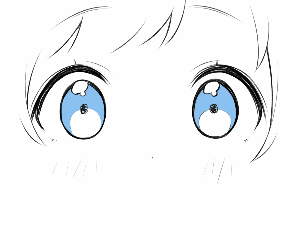 ミニキャラの青瞳線画｜【基本構造】淡い青を加えた描き方で、丸い虹彩に小さなハイライトを重ね、透明感を意識した線画風の表現にまとめています。<br>【演出の方向性】色数を絞ることで瑞々しさが際立ち、柔らかく澄んだ印象が広がり、清らかさや純粋さを観る側に訴えかけています。<br>