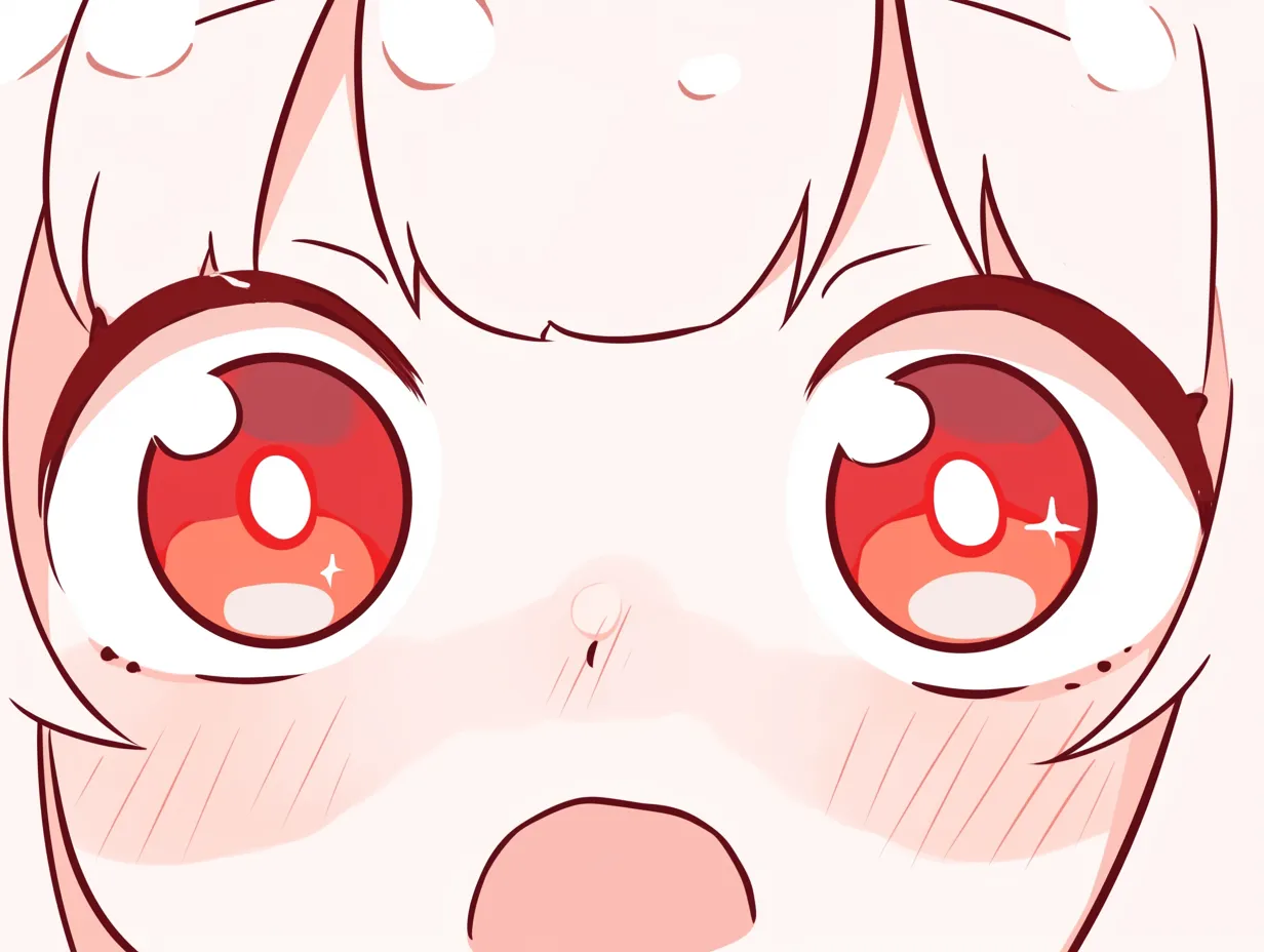 ミニキャラの赤面瞳｜【基本構造】大きく見開いた瞳と頬の赤みを組み合わせた描き方で、虹彩を鮮やかな赤で彩りつつ光を多重に反射させています。<br>【演出の方向性】驚きや戸惑いをストレートに伝え、赤みが羞恥心や感情の高ぶりを補強し、キャラクターに愛嬌を添える効果があります。<br>