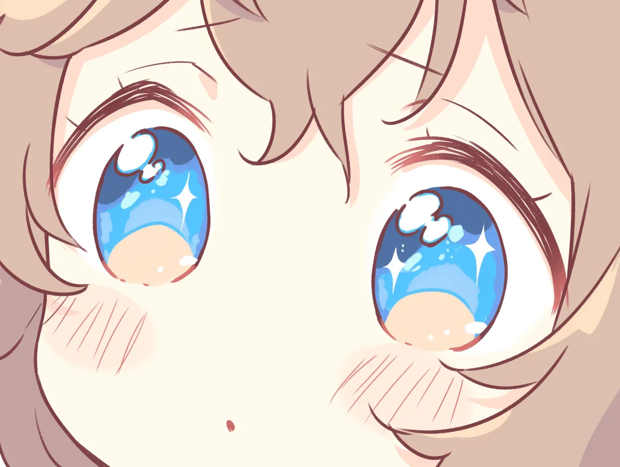 ミニキャラの青輝瞳｜【基本構造】鮮やかな青に複数のハイライトを重ねる描き方で、瞳の奥に光の反射を細かく描写し、奥行きを強調しています。<br>【演出の方向性】きらめきの多さが瞳に躍動感を生み、夢や憧れを抱いた無邪気さを象徴するような明るさを前面に押し出しています。<br>