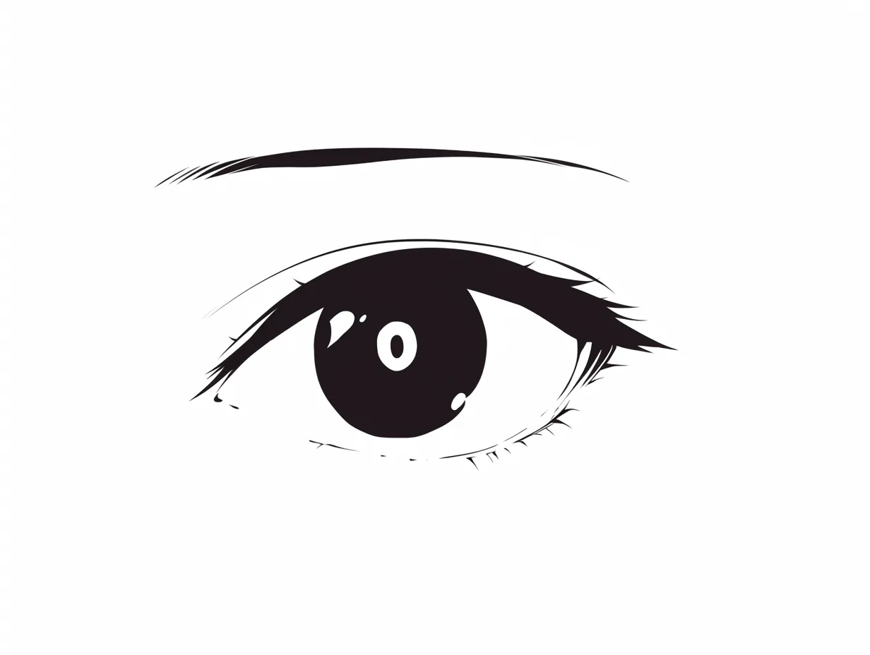 マンガ目のシンプル線画｜【基本構造】まぶたを直線的に描き方で整理し、黒塗りの瞳と控えめな睫毛でシンプルな形を構成しています。<br>【演出の方向性】無駄を排した構図が静かな強さを演出し、感情を抑えた冷静な雰囲気を漂わせています。<br>