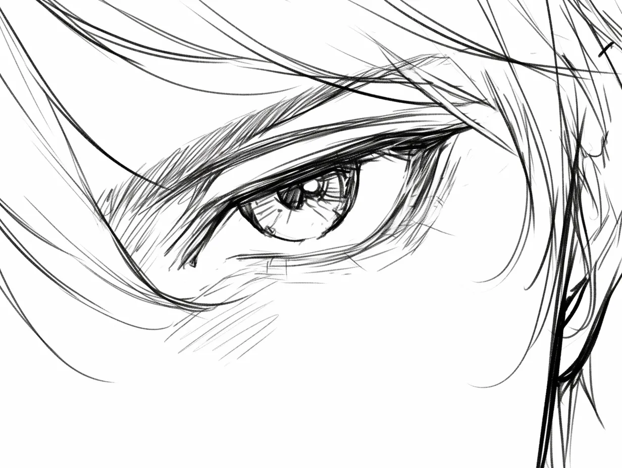 マンガ目の鋭角構図｜【基本構造】目尻を鋭く引き、眉と髪の影を組み合わせる描き方で、斜めからの視線を印象づけています。<br>【演出の方向性】力強いタッチが眼差しに攻撃性を与え、緊張感とカリスマ性を生み出しています。<br>