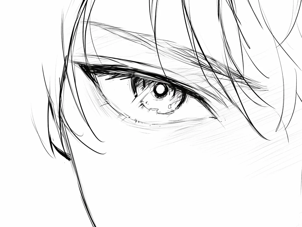 マンガ目の陰り｜【基本構造】伏せ気味のまぶたを描き方で組み合わせ、細かい線の重なりで眼窩の奥行きを強調しています。<br>【演出の方向性】影を強調することで疲労や哀愁をにじませ、キャラクターの内面を暗示しています。<br>
