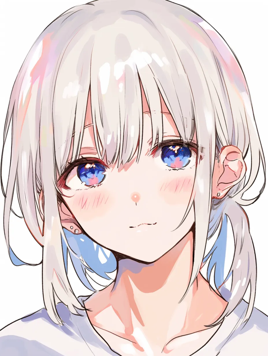 顔ハイライトの柔らかさ｜【基本構造】短めの髪と大きな瞳を強調し、光を頬と額に描き方として加えています。肌の塗りを滑らかに整えています。<br>【演出の方向性】淡い光が肌を包み込み、優しい表情を引き立てます。親しみやすさと純粋さを印象付ける明るい雰囲気に仕上がっています。<br>