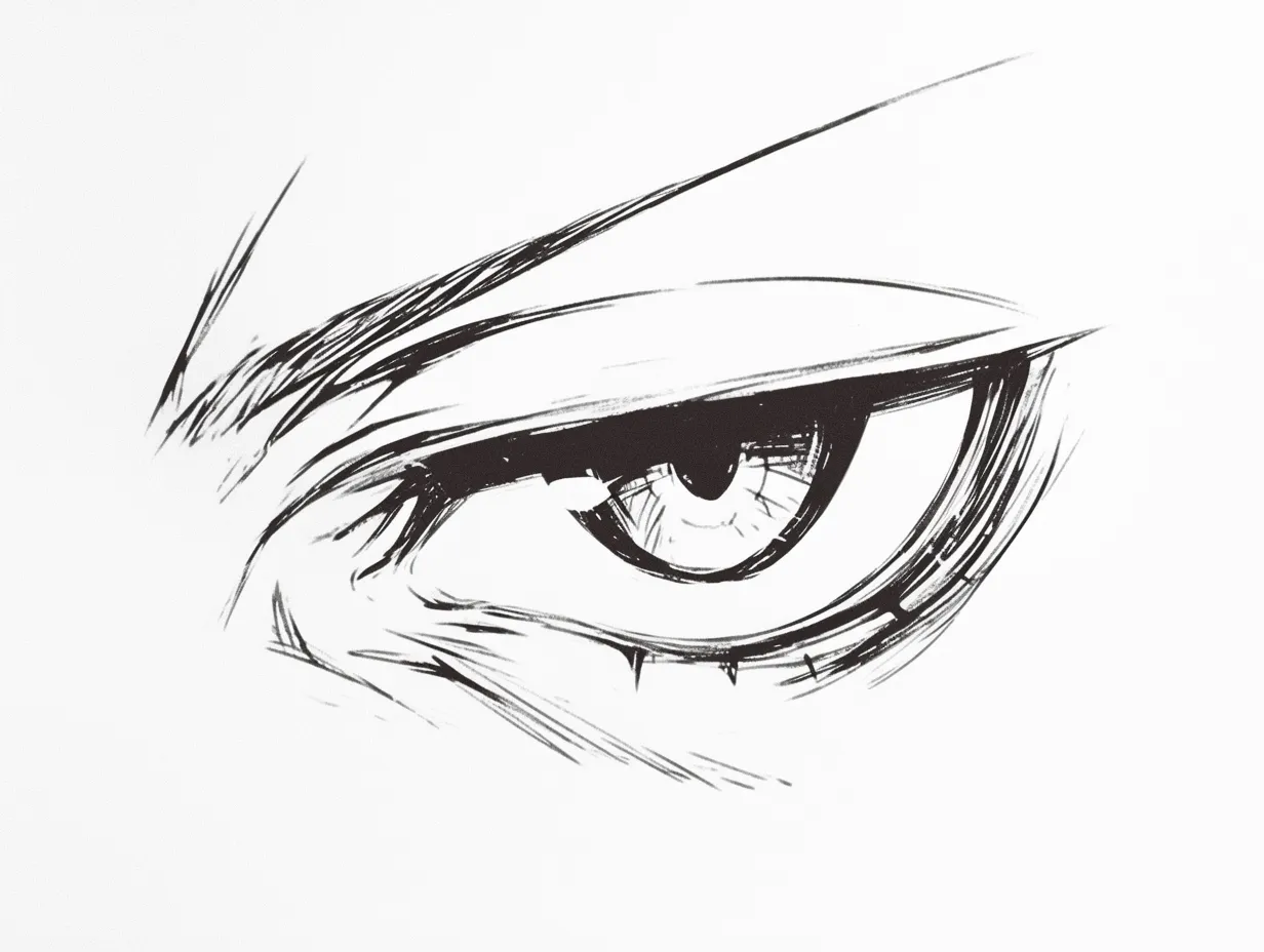 マンガ目の強い怒り｜【基本構造】目尻を極端に吊り上げ、眉間の皺を描き方で加えて、重く鋭い瞳孔を配置しています。<br>【演出の方向性】線の荒々しさが激情を強調し、怒りの感情を生々しく伝える強烈な迫力があります。<br>