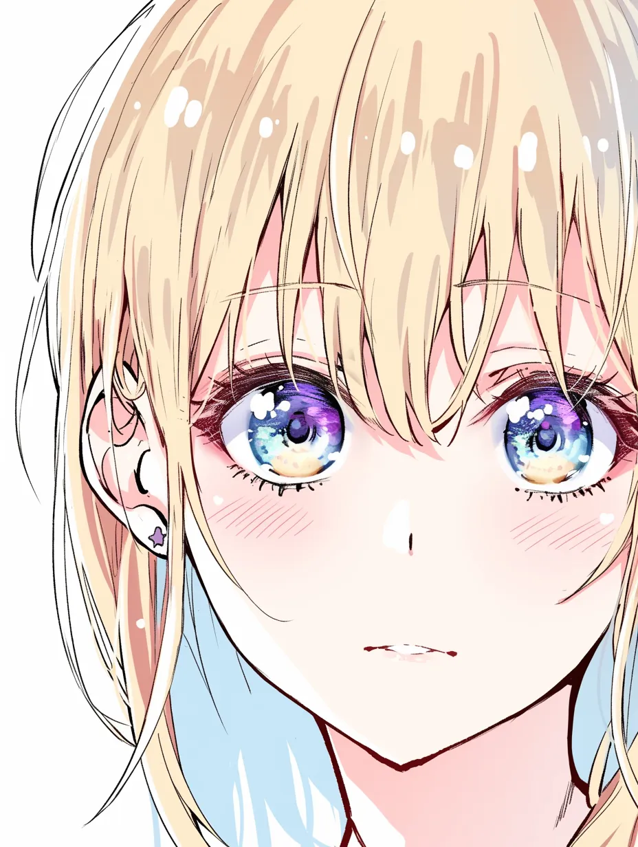 目が光るの透明感ある瞳｜【基本構造】瞳に複数の光粒を描き方で重ね、肌の白さと金髪に馴染ませています。<br>【演出の方向性】澄み切った輝きが透明感を高め、清楚で神秘的な雰囲気を醸し出しています。<br>