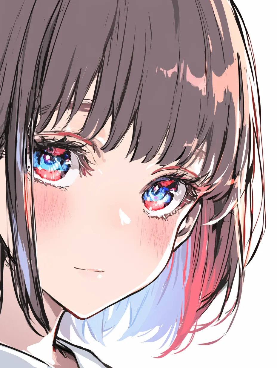 目が光るの星空のような瞳｜【基本構造】青と赤の点描を描き方で散りばめ、夜空のような眼差しを形成しています。<br>【演出の方向性】星屑の輝きが瞳に無限の奥行きを与え、ロマンチックで幻想的な雰囲気を生んでいます。<br>