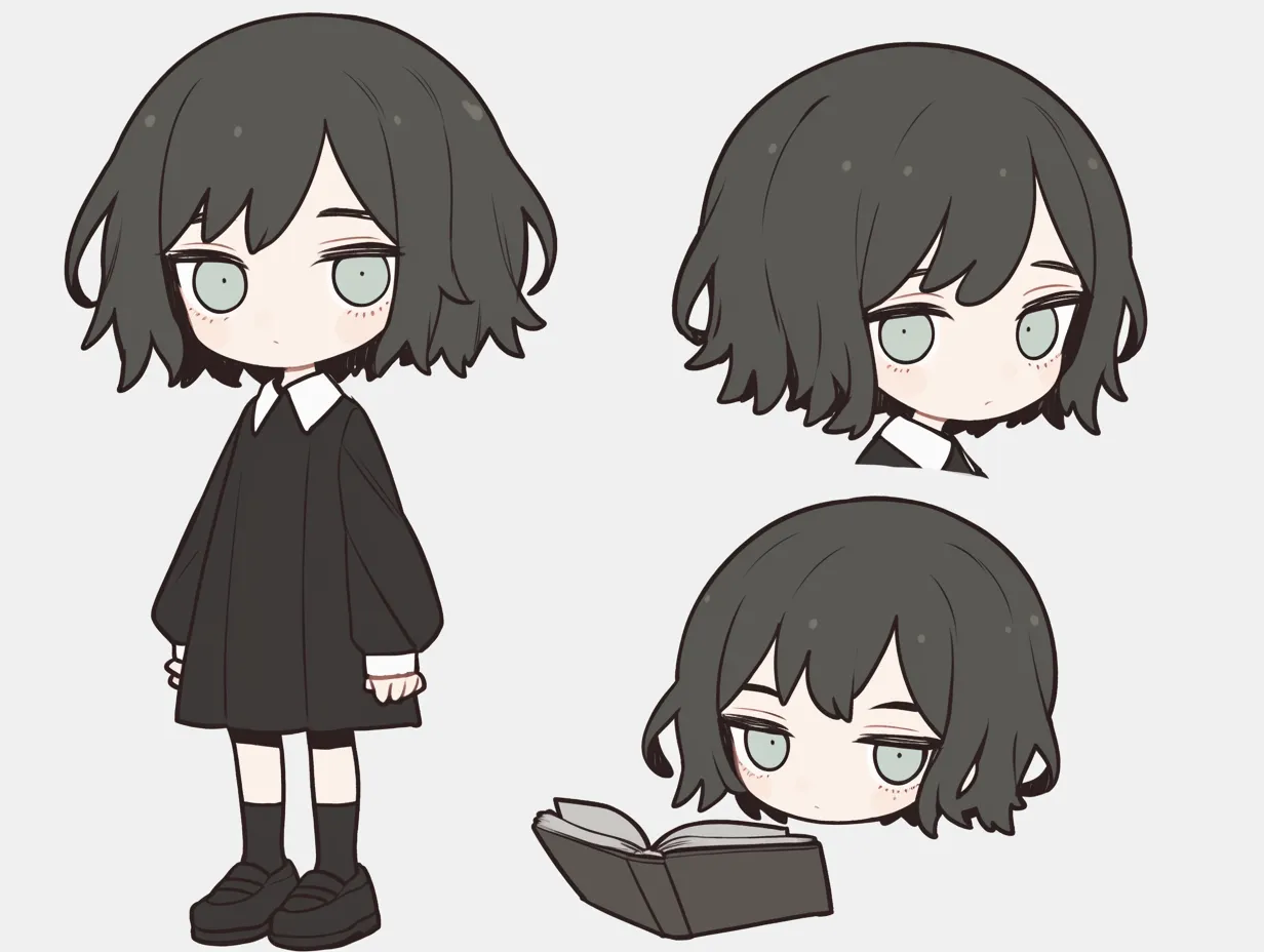 ミニキャラの髪｜【基本構造】ストレート気味の黒髪を短めに描き方で整え、正面・横顔・伏し目の3種を配置して表情の幅を補っています。<br>【演出の方向性】全体を黒基調にまとめることで落ち着いた雰囲気を強調し、わずかな視線の変化によって内面の静かな感情の揺れを表現しています。<br>