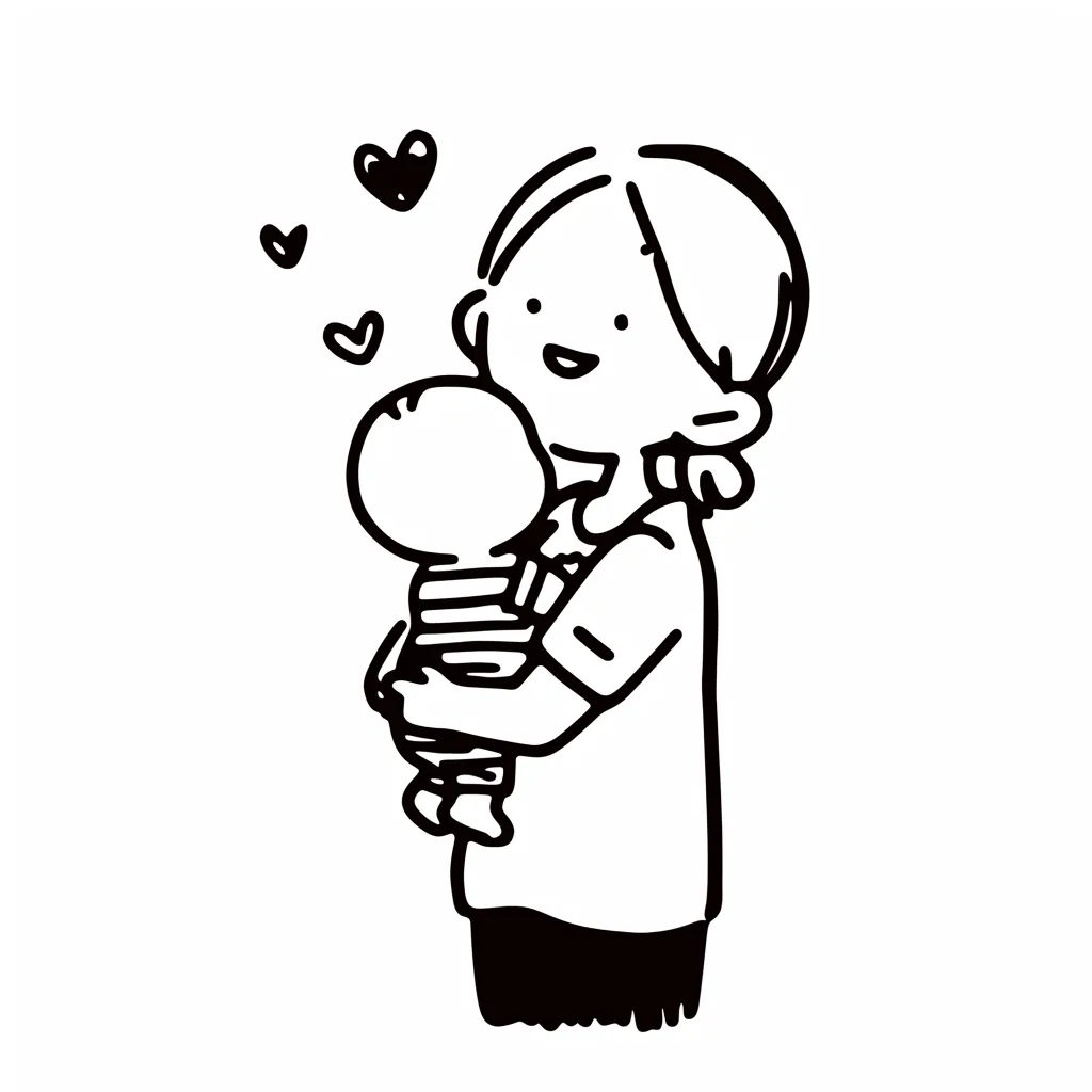 ハートが舞う母と赤ちゃんの抱っこ｜シンプルな線画で描かれた母親が赤ちゃんを抱っこする温かいイラスト。周囲に浮かぶハートが親子の愛情を象徴し、優しく微笑む母の表情が安心感を与えるデザイン。