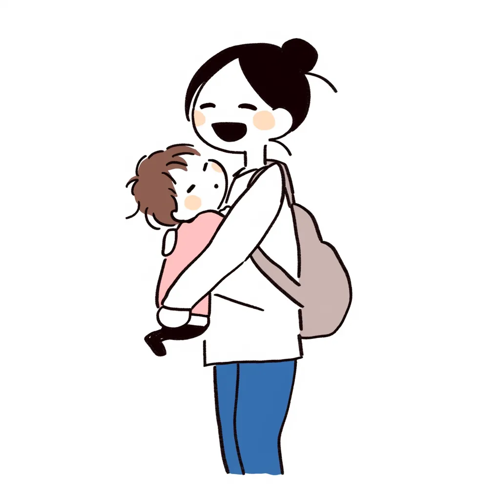 リュック姿の母の抱っこ｜カジュアルな服装の母親が子どもを抱っこしながら微笑む、温かみのあるイラスト。シンプルな線と淡い色合いが、日常の親子の一瞬を切り取った雰囲気を醸し出している。