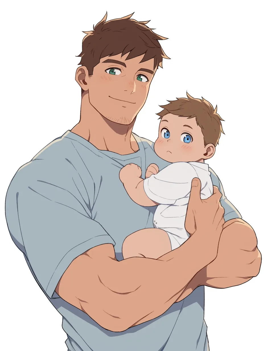 力強い父の大きな抱っこ｜筋肉質な父親が赤ちゃんを優しく抱っこするイラスト。リアルなタッチと柔らかな表情のコントラストが、安心感と力強さを同時に伝えている。