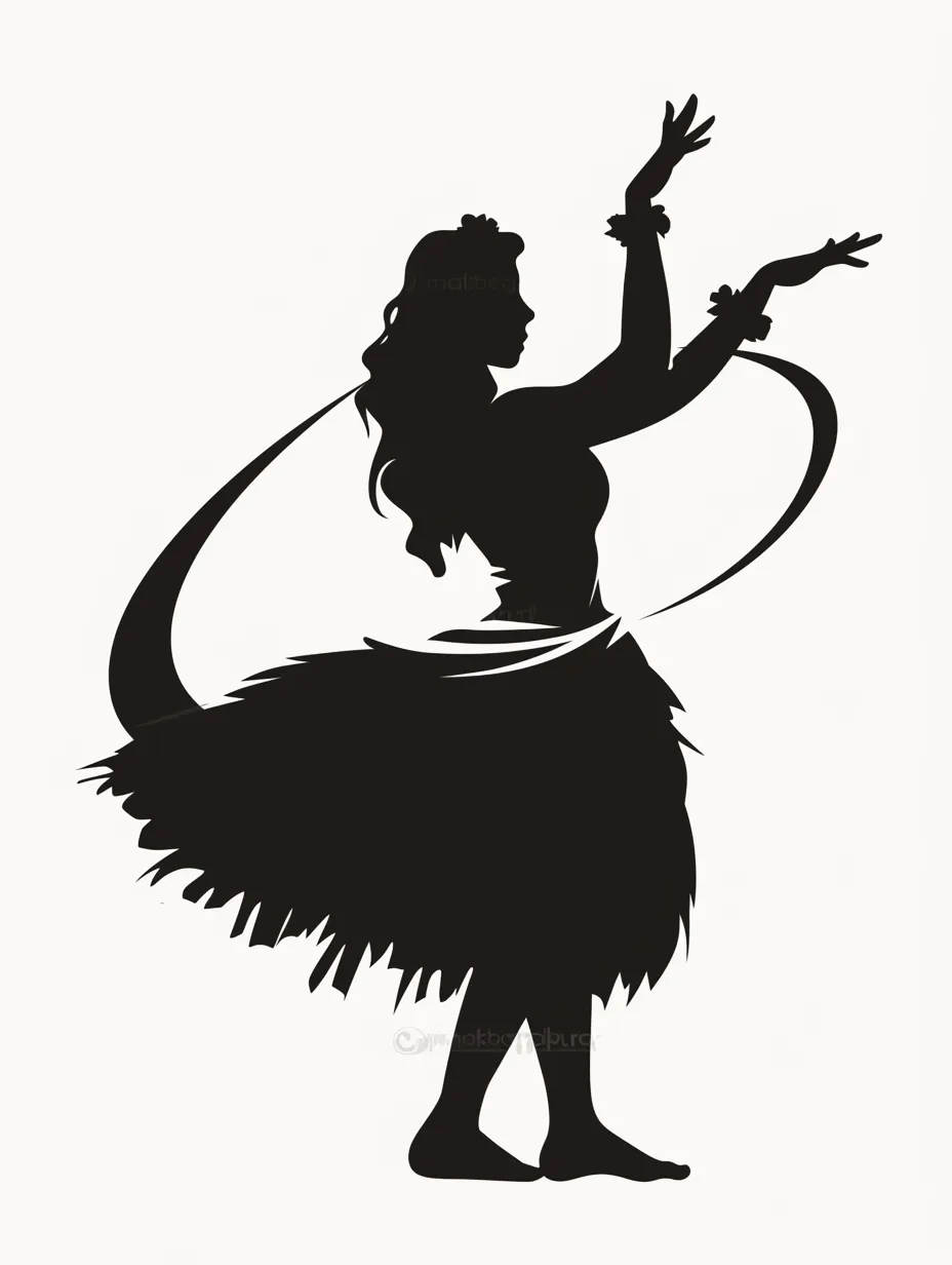 クラシカルなフラダンスのシルエット｜姿勢の美しさと伝統的な衣装が際立つデザインで、静と動のバランスが整った優雅な雰囲気。シルエットでフラダンスの典型的なフォルムを丁寧に描いている。
