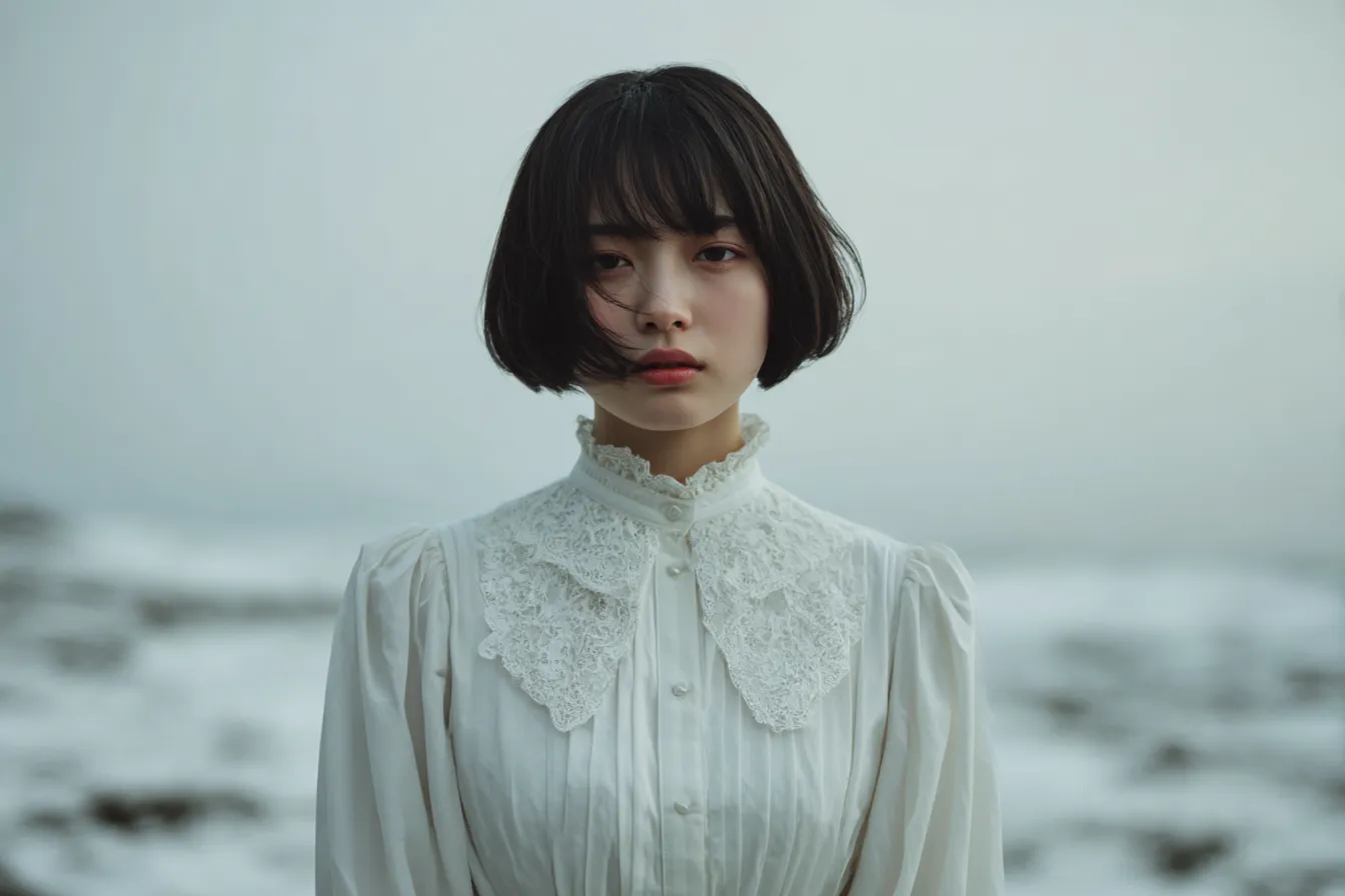 白い服の女性と雪原背景｜冷たい空気を感じさせる雪原の背景に、クラシカルな白服が映える。白の透明感と静かな強さを併せ持つ構図。