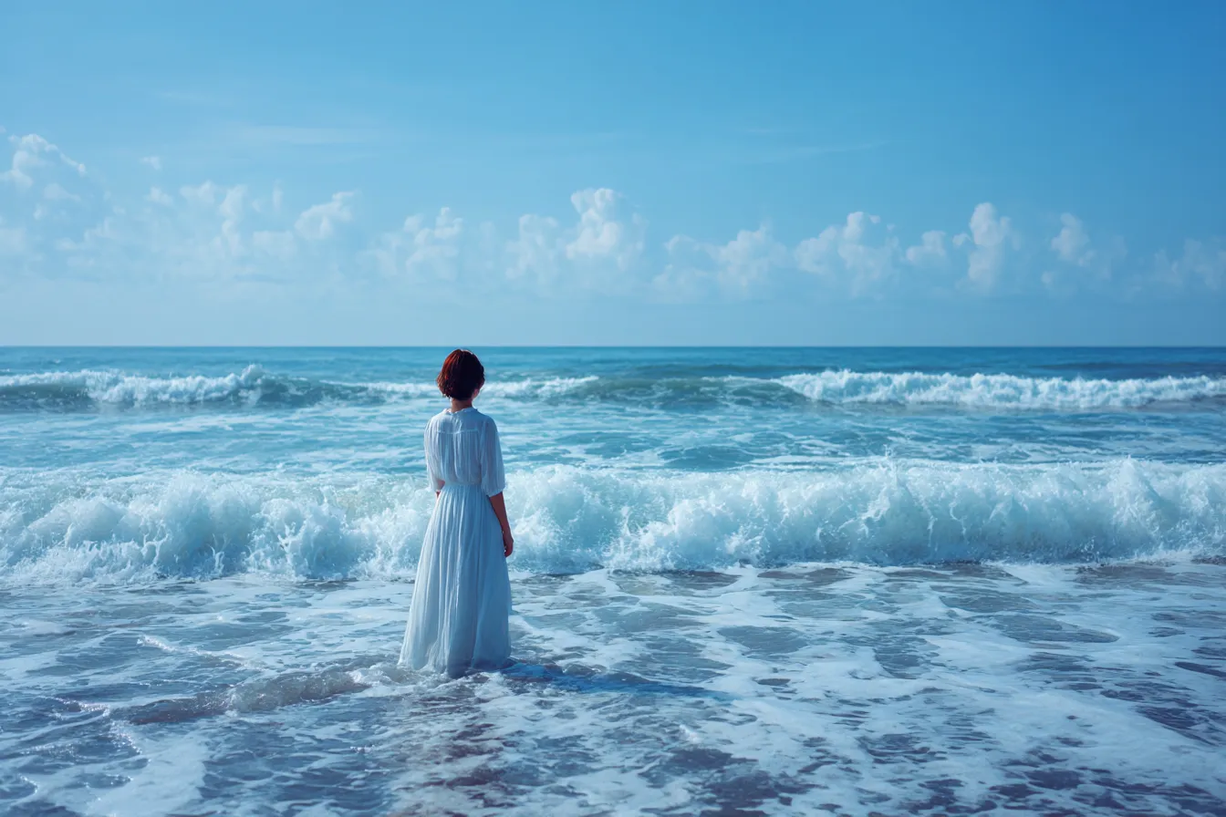 海背景と寄せ波を見つめる女性｜白波と青空の対比が清涼感を強調し、海背景が素直な感情表現と透明感を際立たせるシンプルかつ強いビジュアル。
