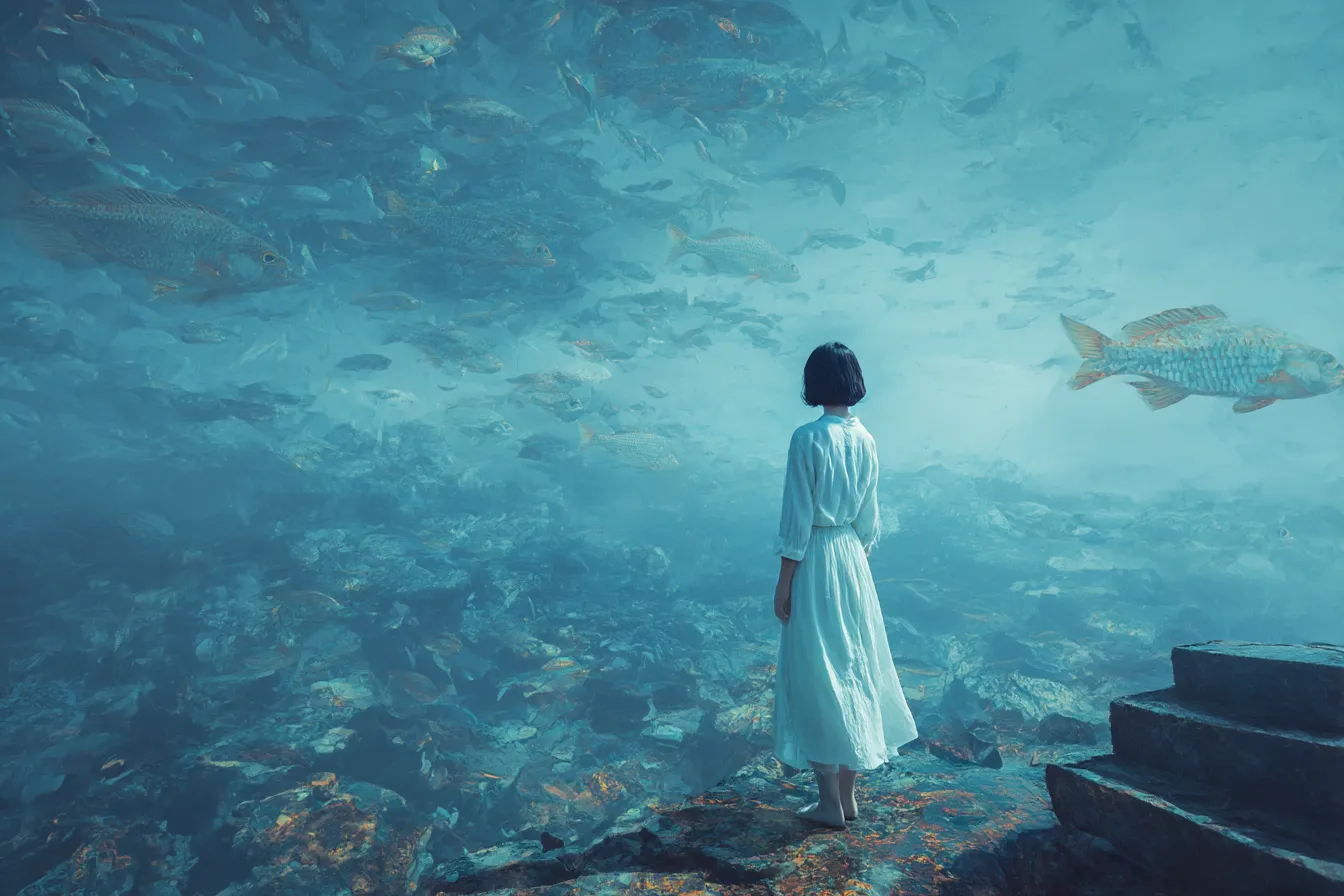 海背景と魚群を見下ろす少女｜幻想的な視点で描かれた海背景が深海の静けさを象徴し、少女の小さな存在感が広がりと神秘を際立たせている。