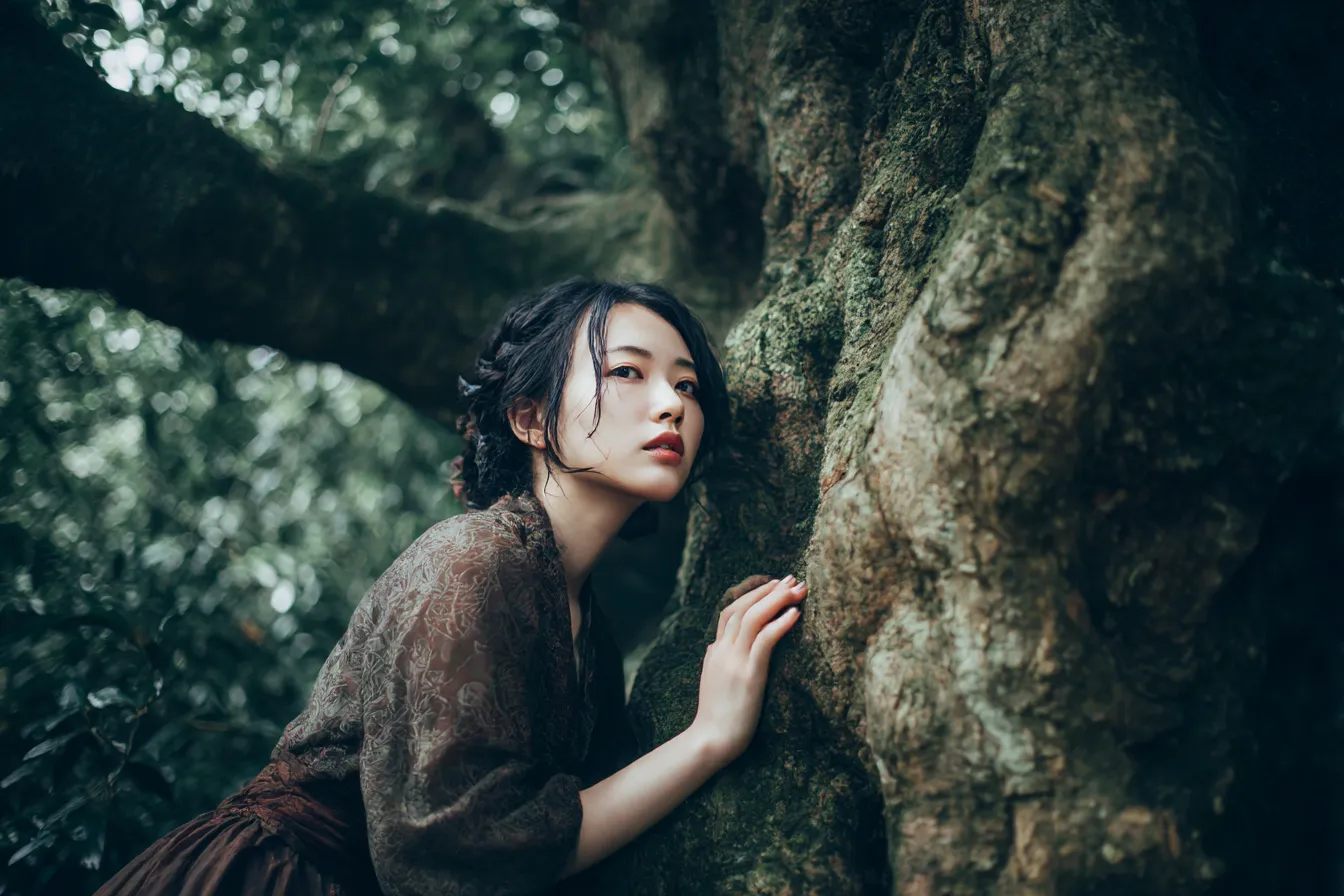 木背景と寄り添う女性｜苔むした幹と柔らかな光が印象的で、木背景が人物の素朴さと自然との一体感を静かに語りかけるような構図を形成している。