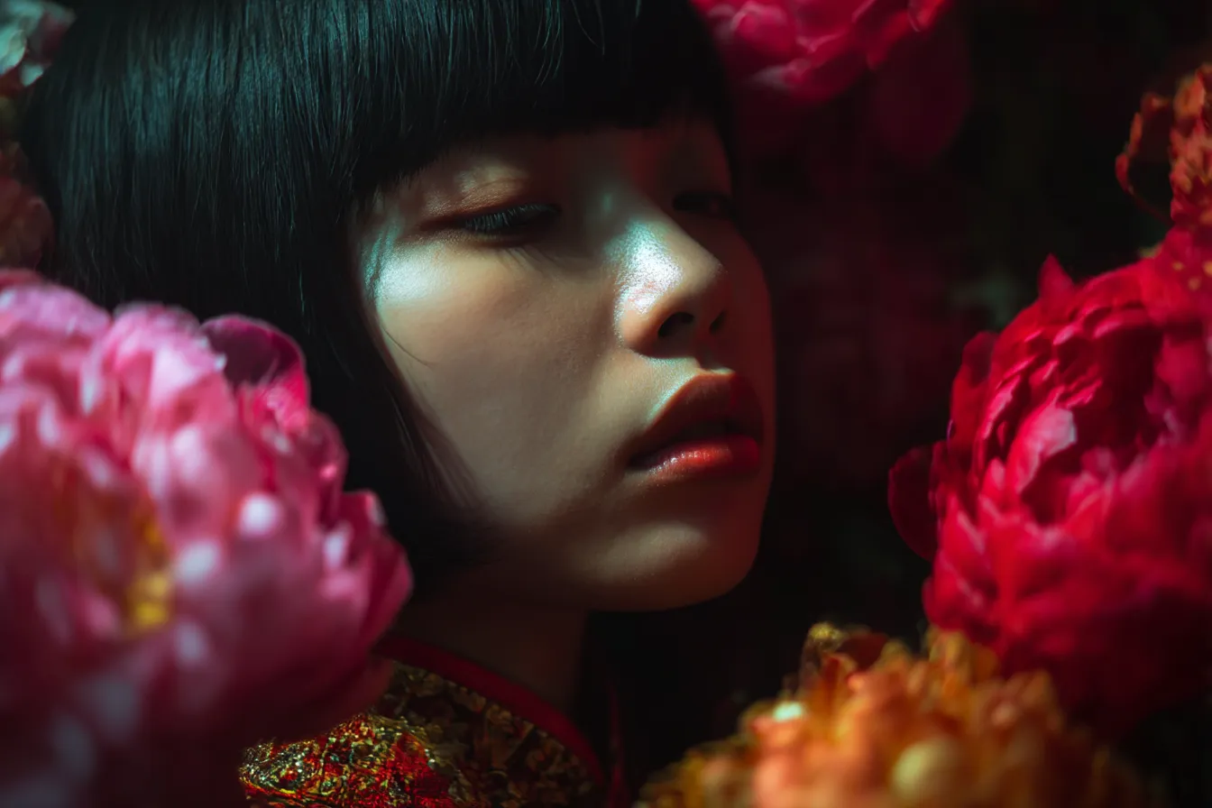 花背景と閉じた瞳の女性｜艶やかな赤い花々と光の陰影が織りなす花背景が、陶器のような肌と深いまなざしに対比し、官能的な空気を引き立てている。